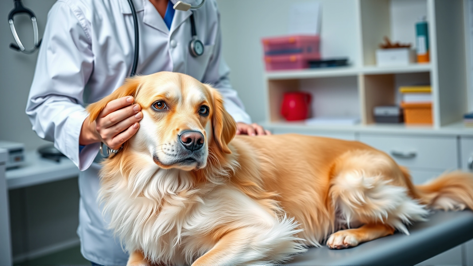 Veterinarian using a stethoscope to listen to a Golden Retriever’s chest on an examination table, clinical environment, conveys cardiac assessment