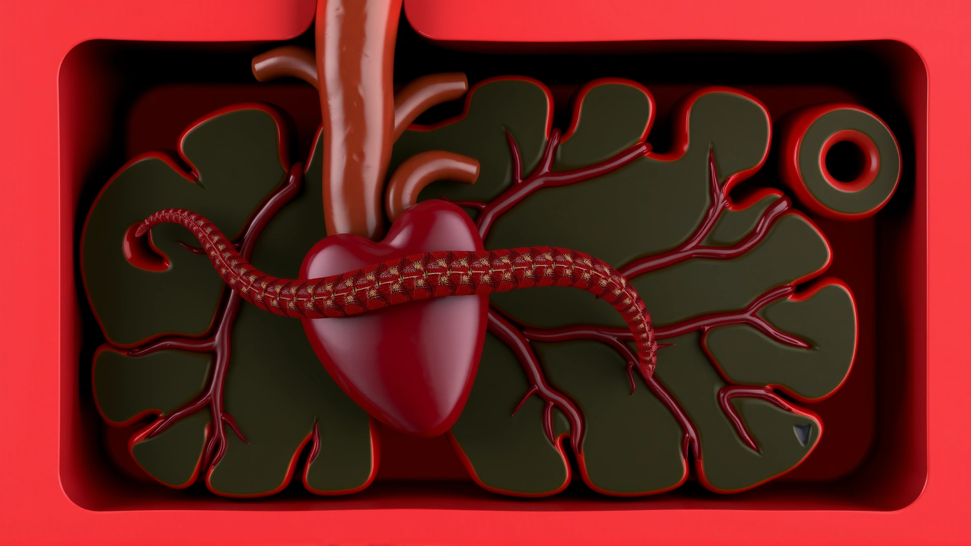 Macro 3D rendering of a single heartworm inside a stylized cat heart cross-section, no text, demonstrating parasite location.