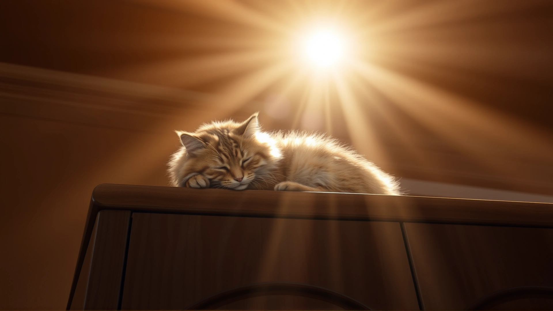 A fluffy cat curled up and sleeping on top of a wardrobe near the ceiling, sunbeams streaming through a nearby window, conveying warmth and comfort.