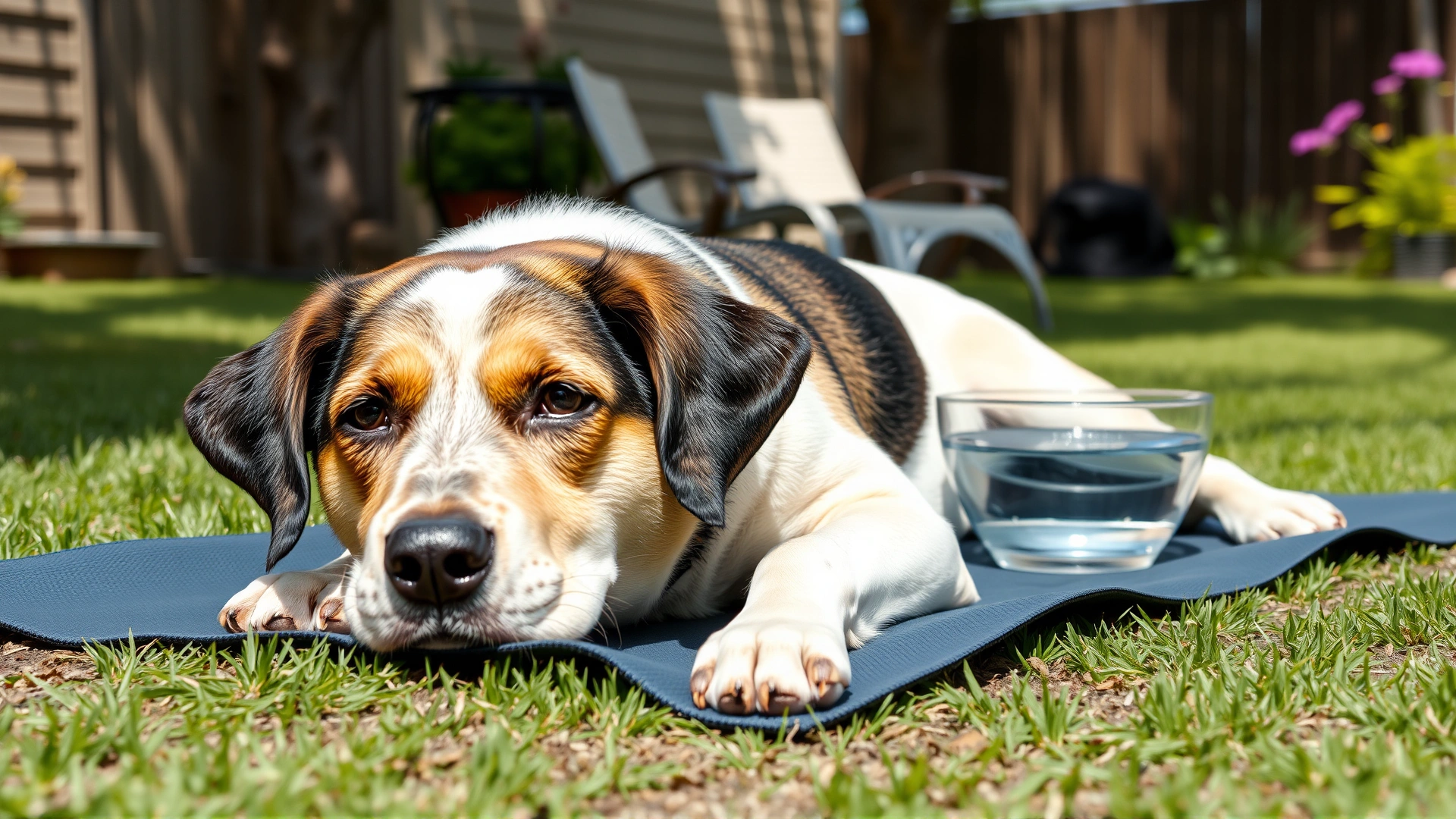 Flat-faced dog lying on a cooling mat in a shaded backyard while the owner offers a bowl of fresh water on a hot summer day.