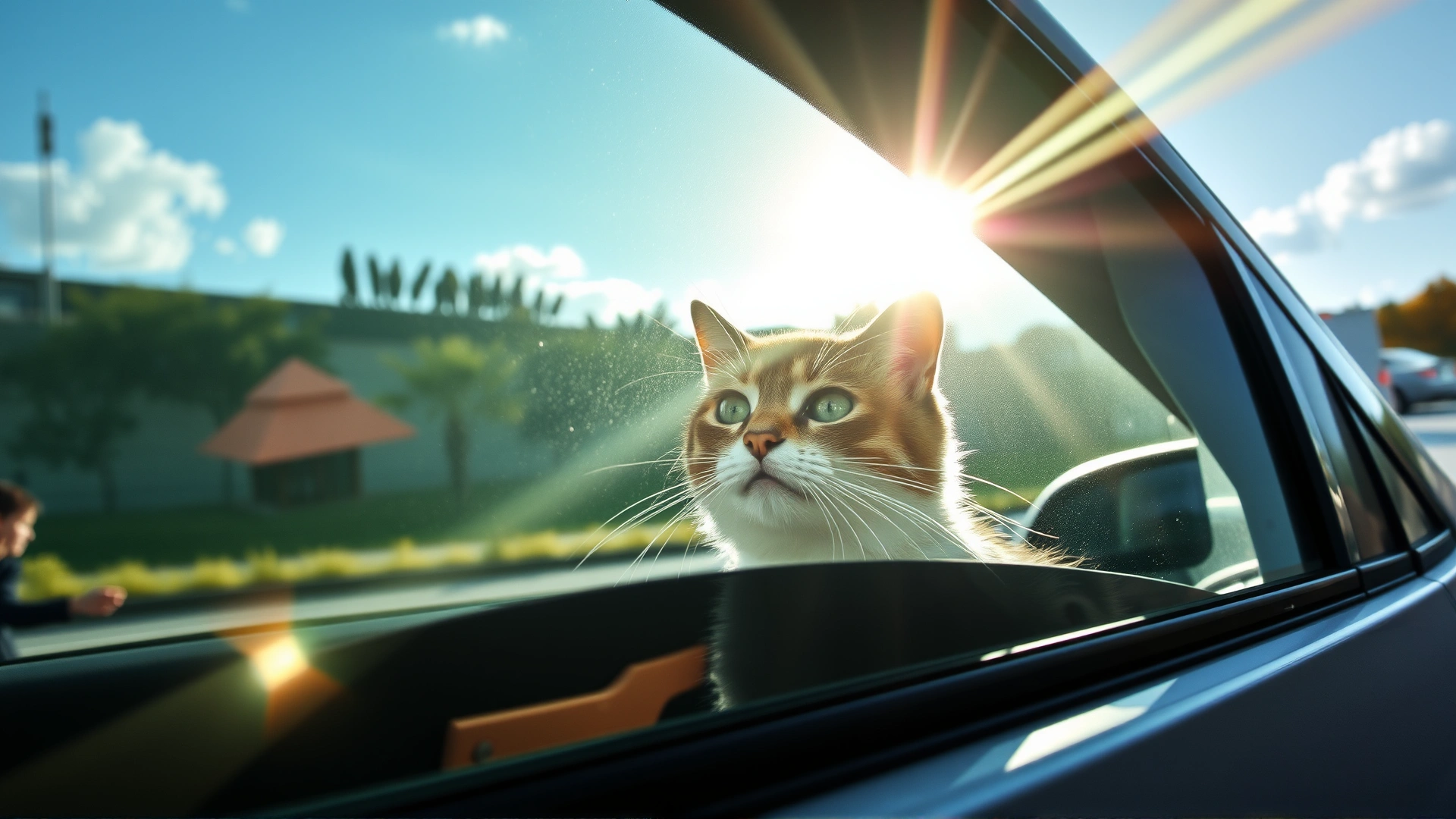 Photo of a cat seen through the closed window of a parked car on a sunny day, emphasizing heat danger, realistic lighting.