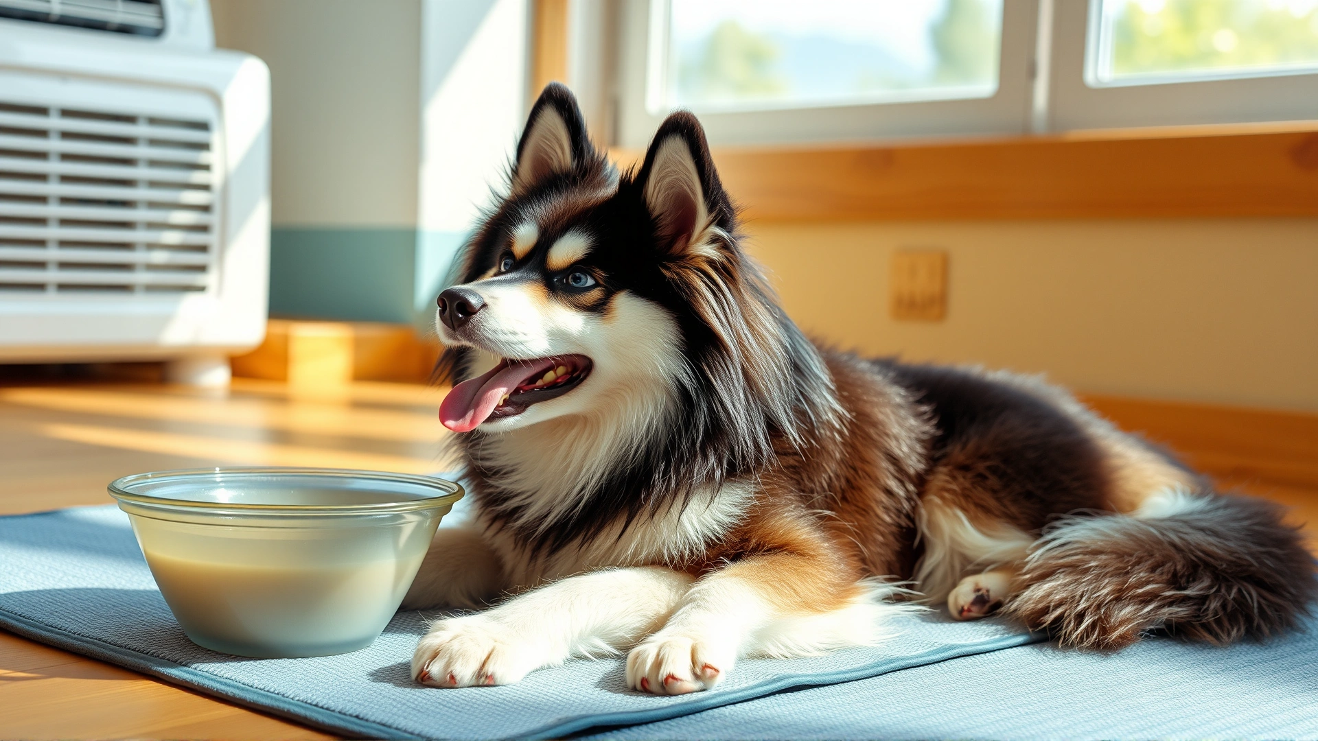 Pomsky lying on a cooling mat next to a bowl of water inside an air-conditioned room on a hot summer day, panting lightly