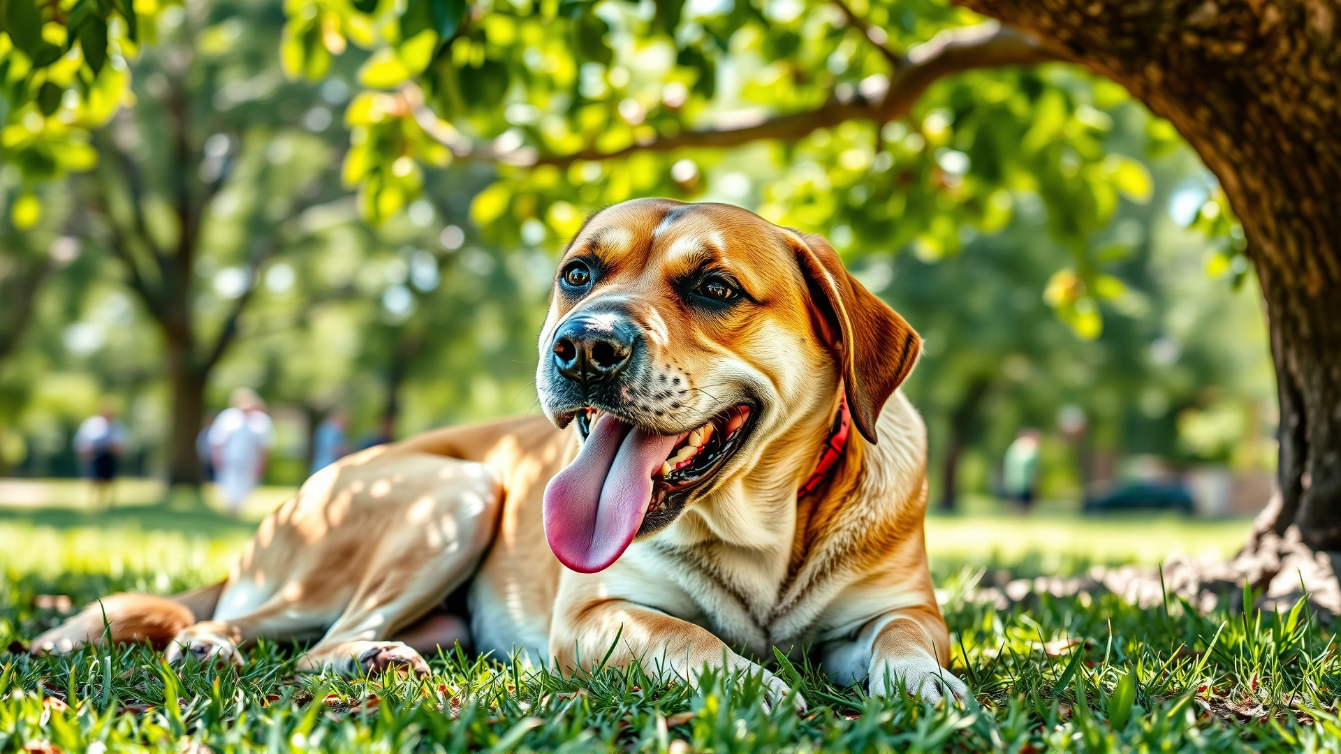 Dog resting under a shady tree, tongue out and panting hard, visualizing signs of heat stress.