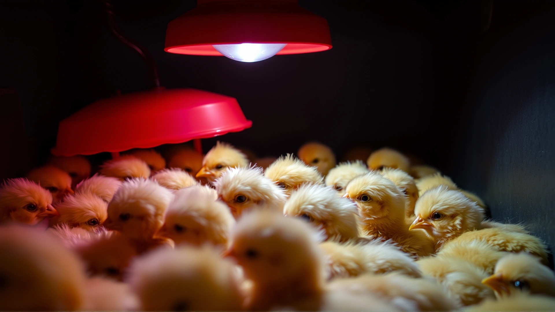 Close-up of a red heat lamp shining over a cluster of baby chicks huddling for warmth inside the brooder