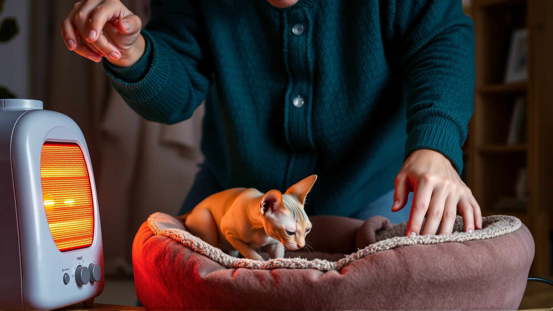 Owner adjusting a low-wattage electric heated cat bed while a curious hairless cat sniffs it; cozy interior background