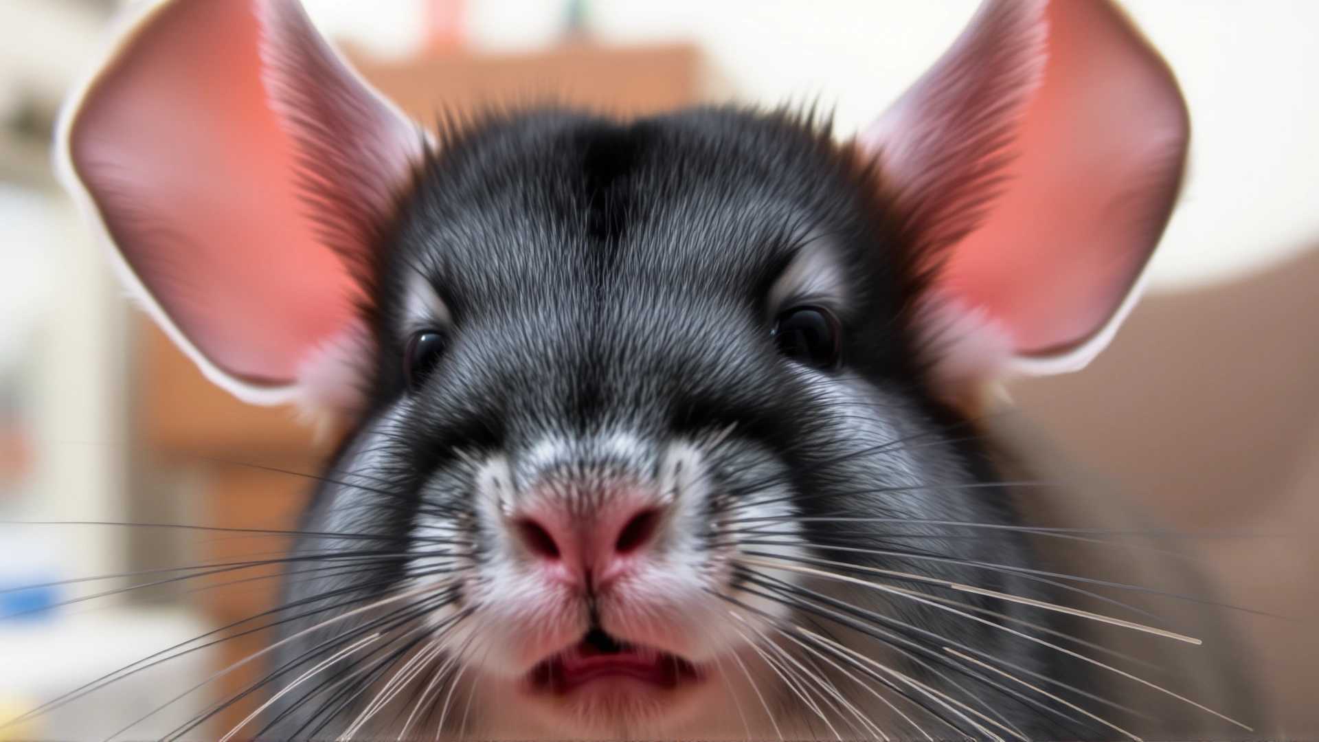 Close-up of a chinchilla with flushed red ears and slightly open mouth, exhibiting early signs of heat stress, set against a blurred indoor background