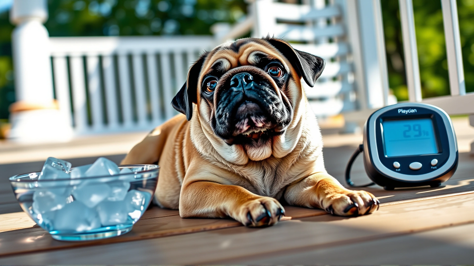 Puggle lying on a shaded porch with a bowl of ice water and a digital thermometer reading a high outdoor temperature in the background.