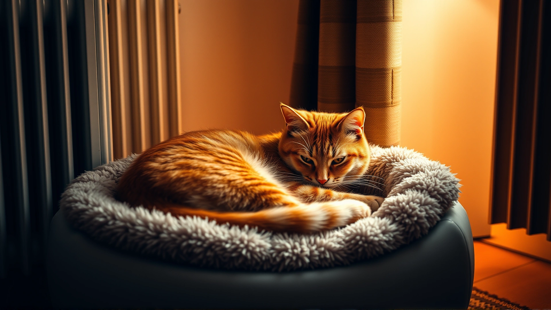 Content ginger cat curled up on a plush heated bed next to a household radiator, room bathed in warm ambient light.