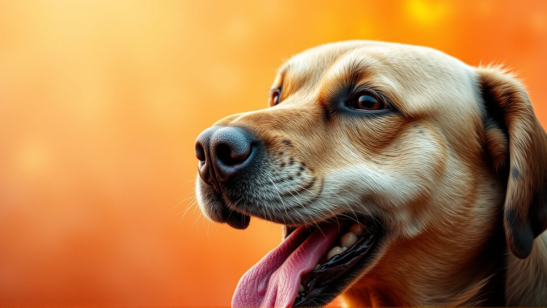 AI image: Close-up portrait of a dog excessively panting with drool visible, blurry hot background, to illustrate heatstroke signs.
