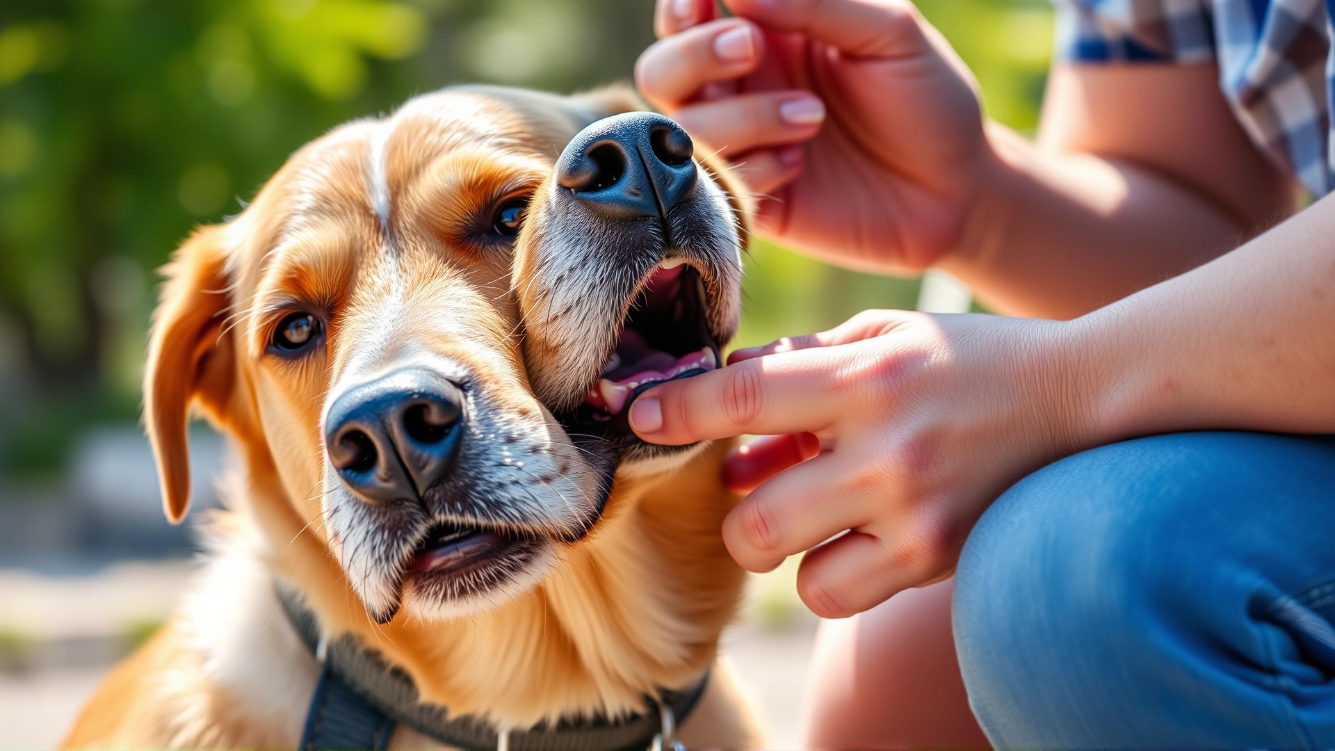 Concerned dog owner checking their dog's gums outdoors on a hot day, visible signs of overheating, sharp focus, no text