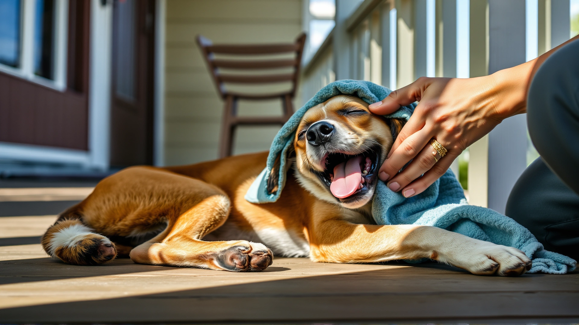 A tired panting dog lying on a shaded porch with a concerned owner gently placing a cool towel on its neck; conveys heat exhaustion without any text.