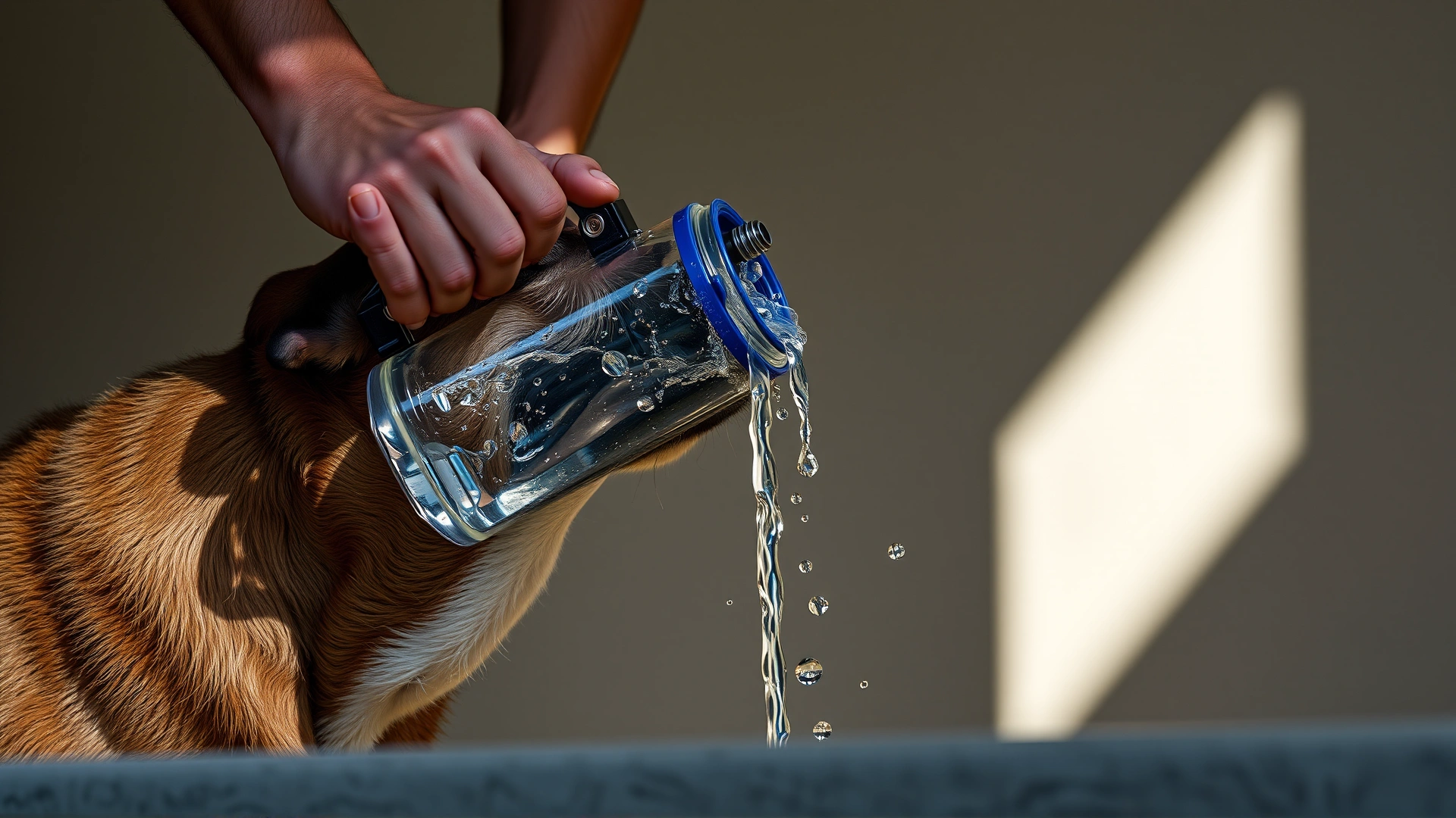 Concerned owner pouring room-temperature water on a tired dog under shade, emphasis on caring action, neutral background
