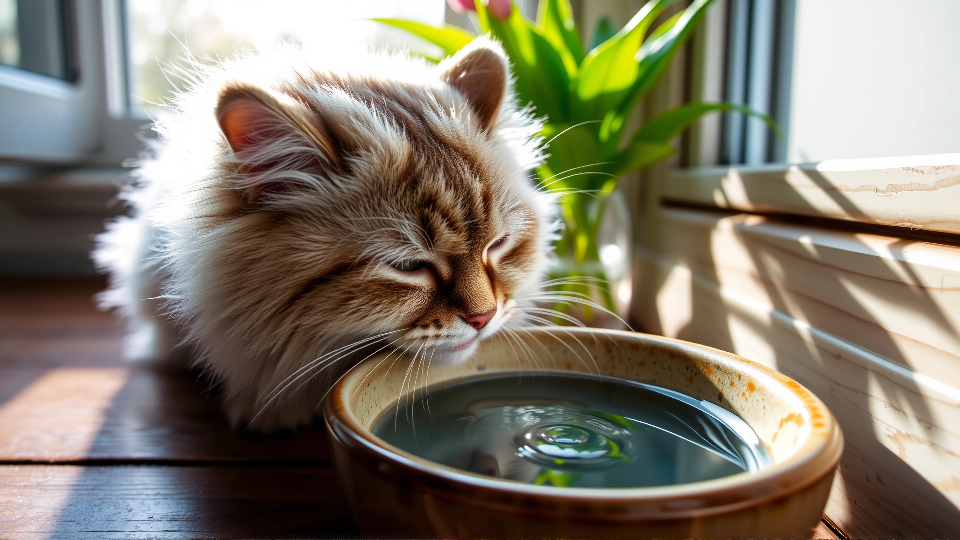 Close-up of a fluffy cat drinking fresh water from a ceramic bowl near an open window with sun rays, emphasizing hydration during heat, high-resolution photo.