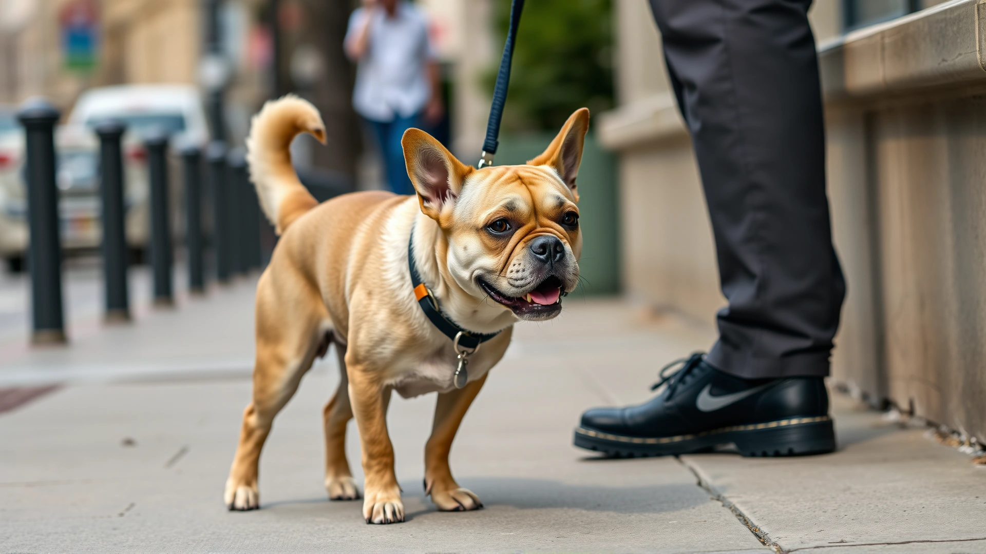 Dog walking calmly beside its owner's leg on a city sidewalk, leash loose, showing loose-leash walking