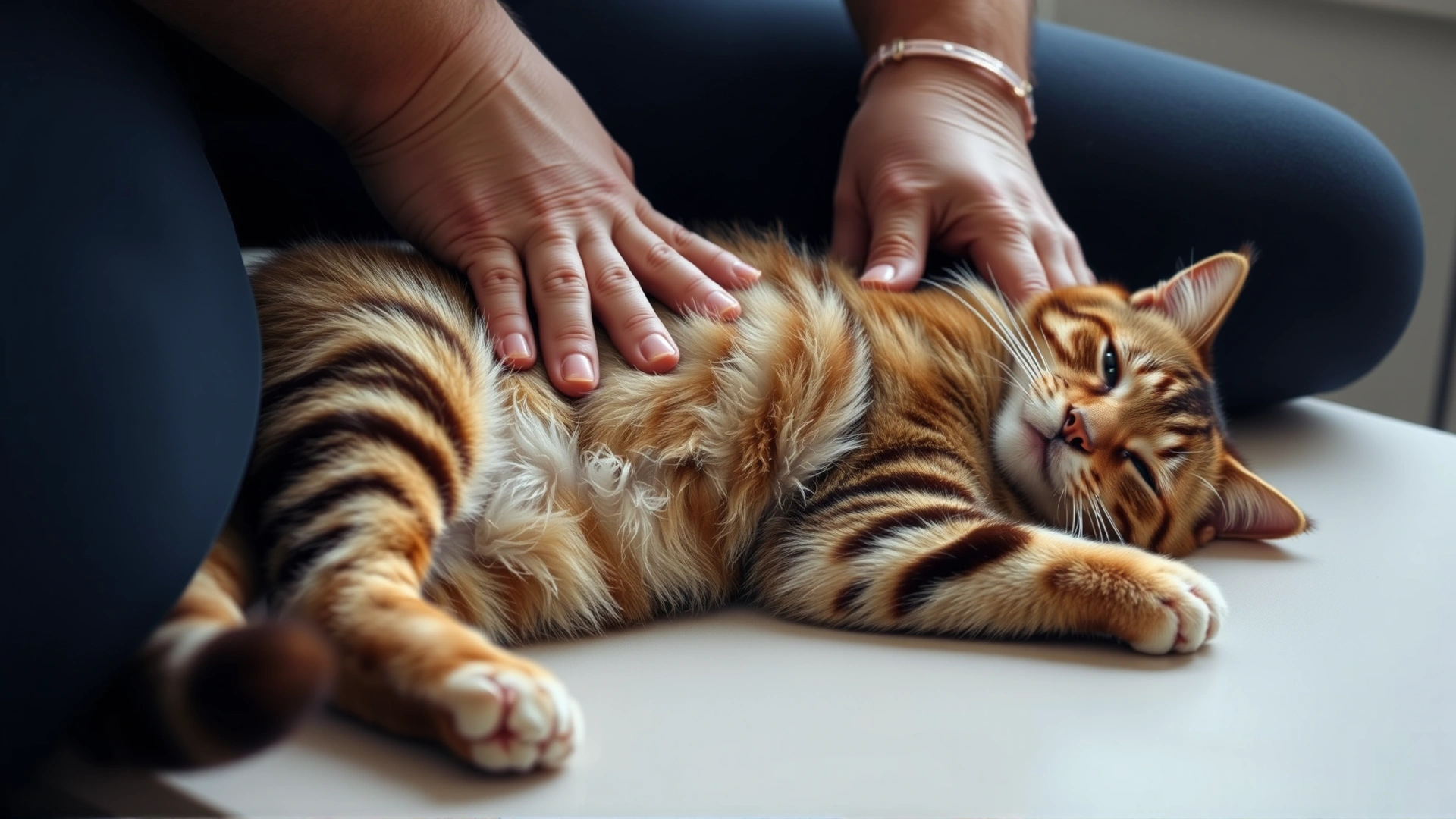 Cat lying on its side on a firm surface while the owner applies gentle upward thrusts behind the ribcage, showing Heimlich maneuver for unconscious cat