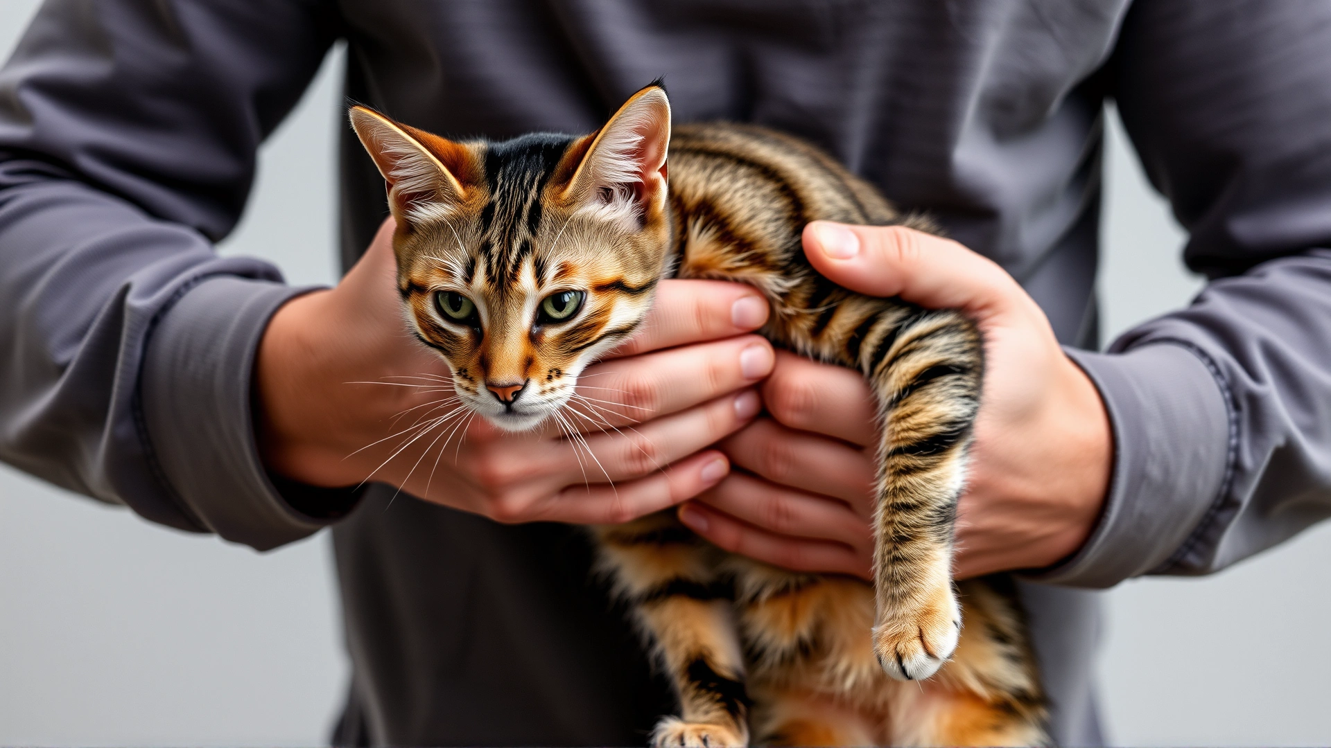 Owner standing and holding a tabby cat against their chest, hands positioned just below the cat's ribcage demonstrating standing Heimlich maneuver