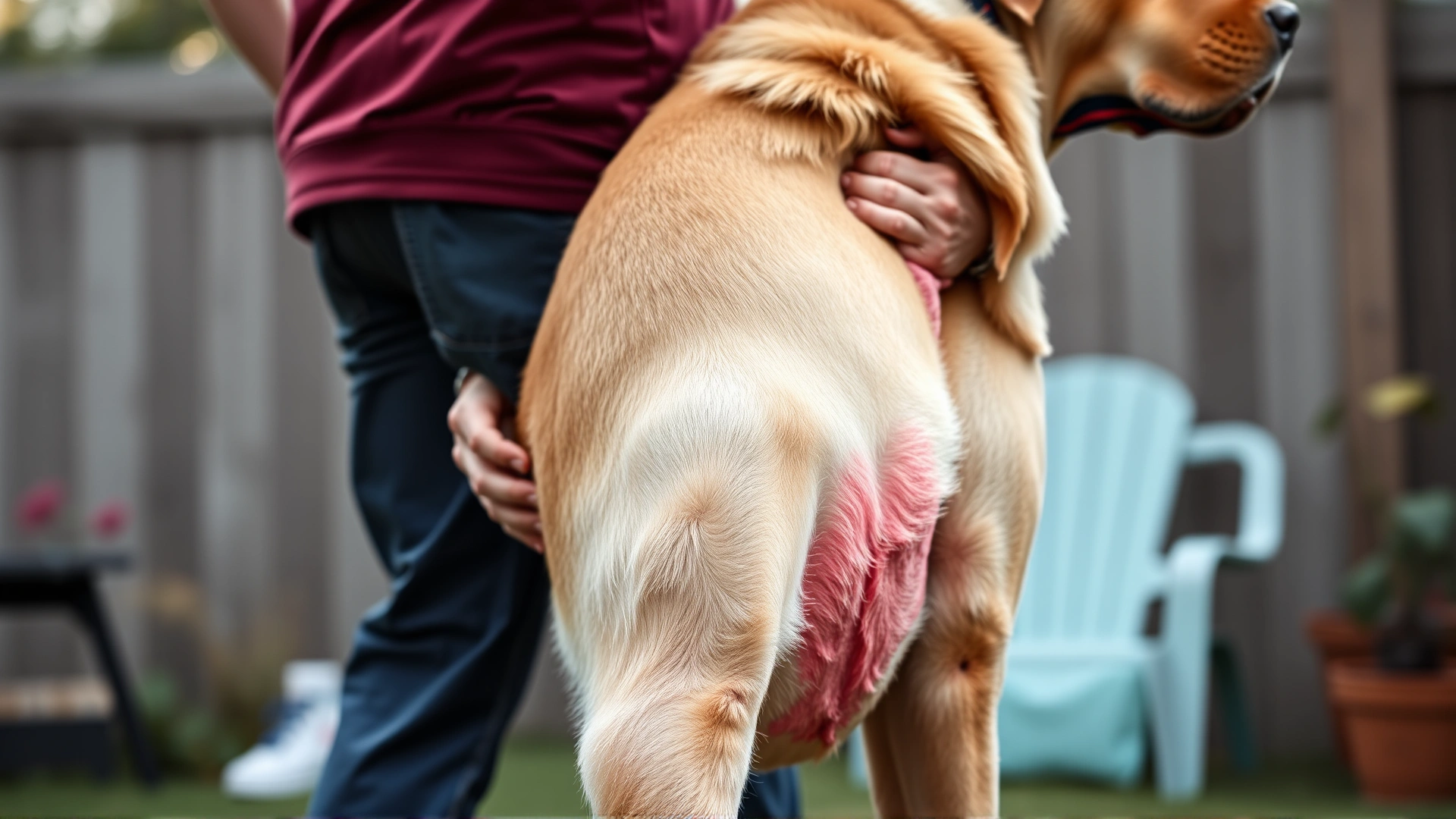Side view of a person standing behind a large Labrador retriever, arms wrapped around the dog’s abdomen performing Heimlich thrusts, outdoor backyard setting.
