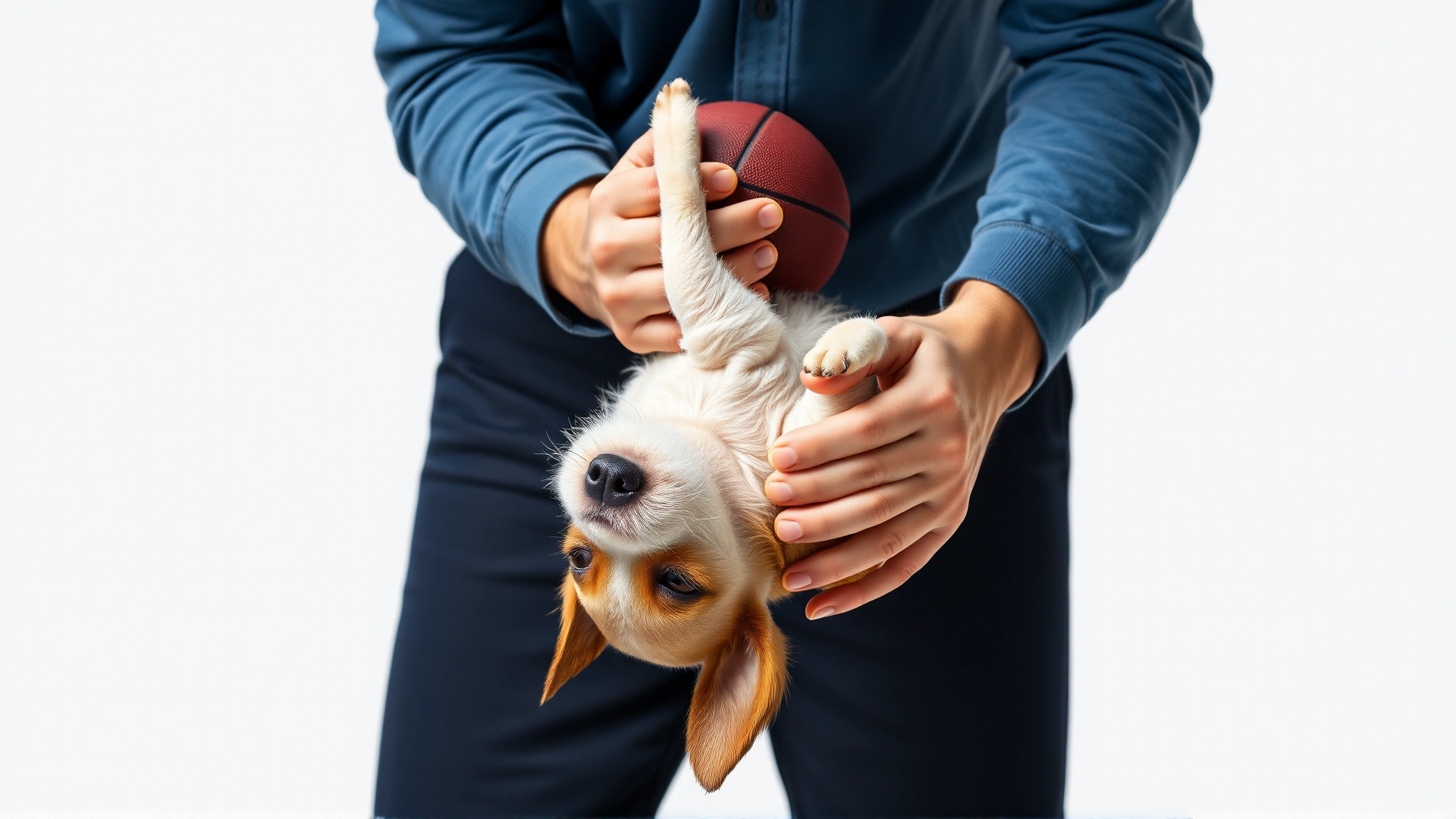 Illustrative scene of an adult holding a small terrier upside-down like a football to perform the Heimlich maneuver, bright background, clear demonstration of hand placement.
