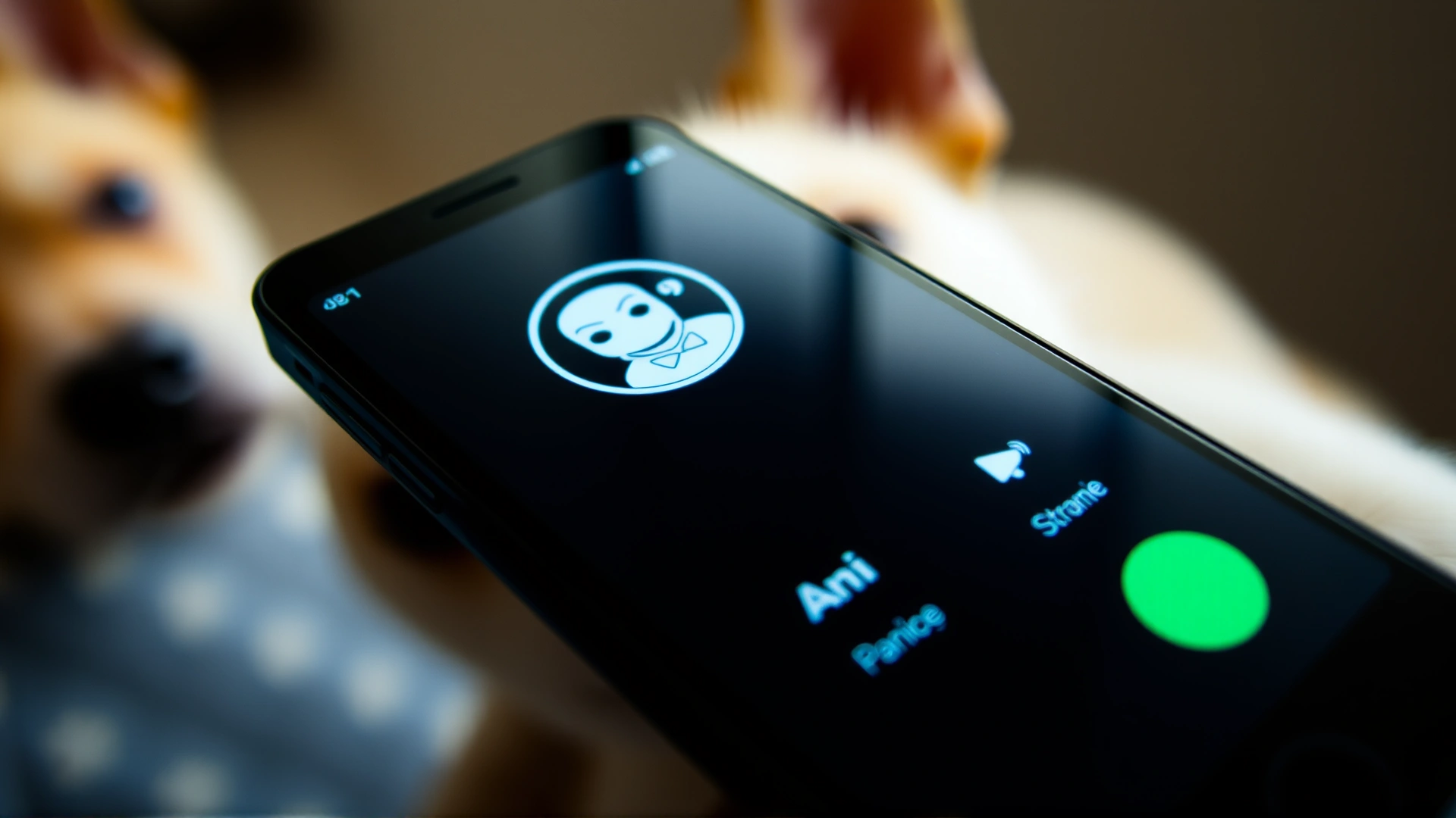 A close-up of a smartphone screen showing an anonymous call in progress, with a blurred pet in the background.