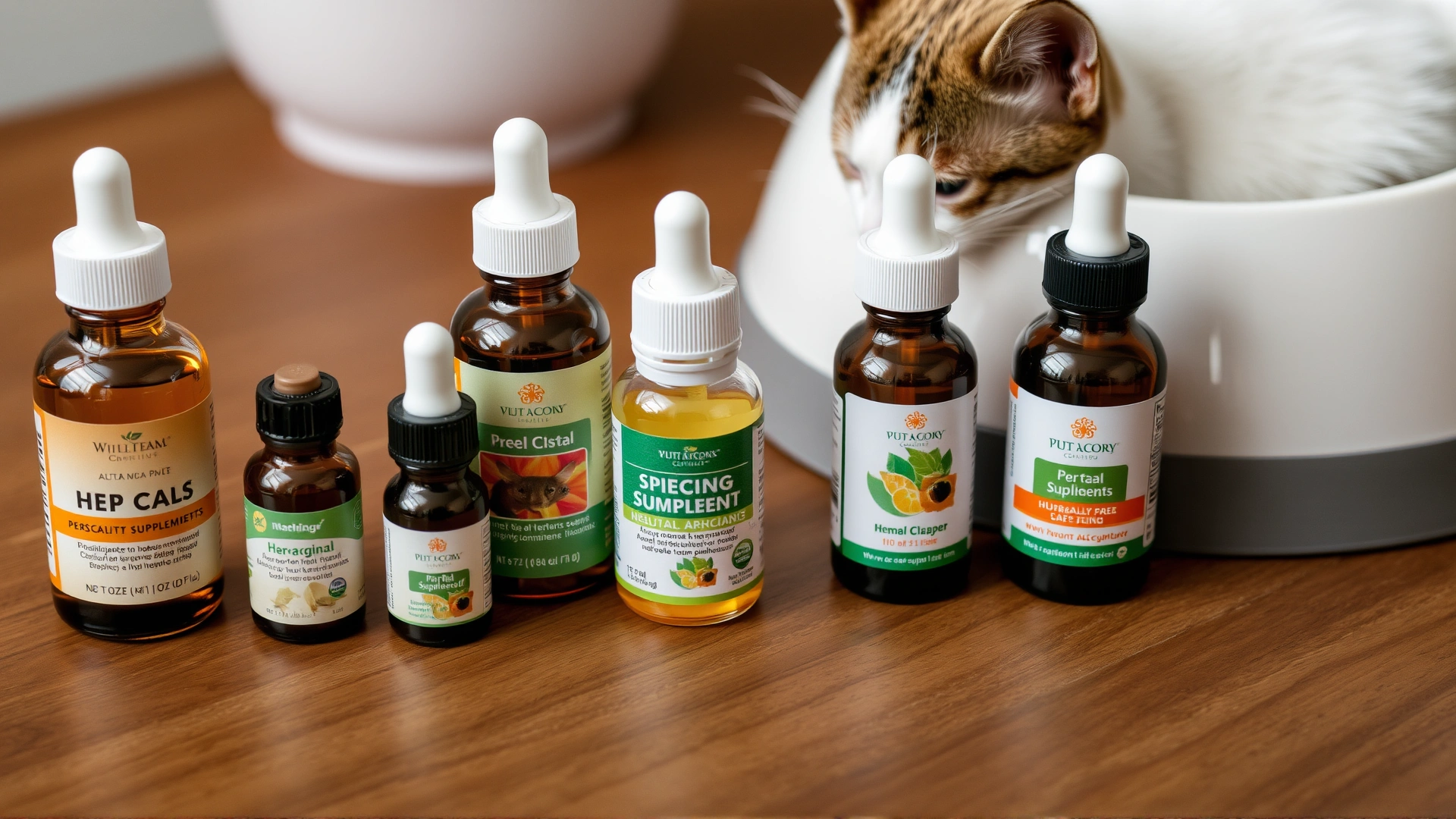 Assortment of pet-safe herbal supplements and small dropper bottles on a wooden table beside a cat food bowl.