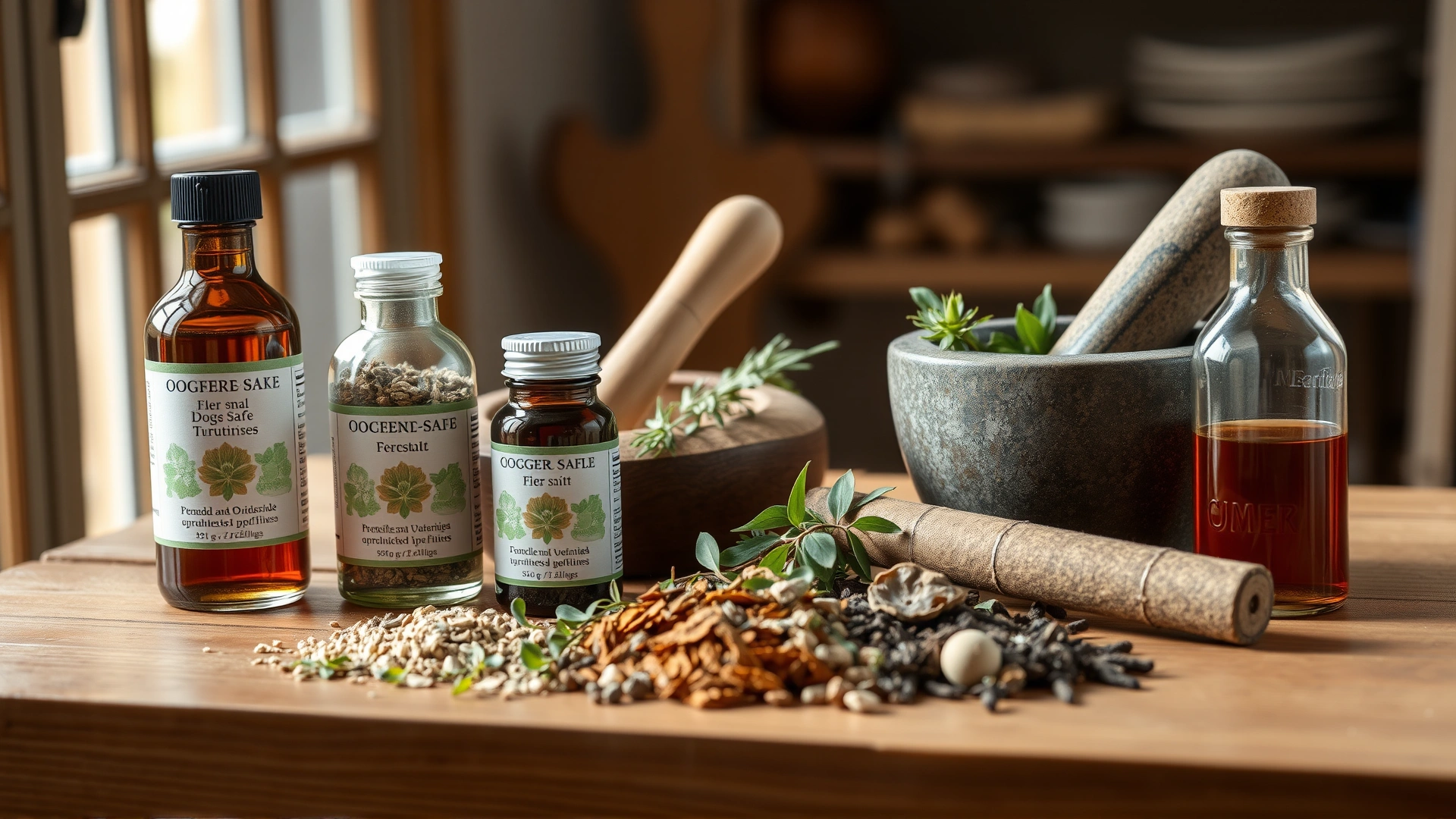Assortment of dog-safe herbal tinctures, dried herbs, and mortar & pestle on a wooden table, soft natural light.