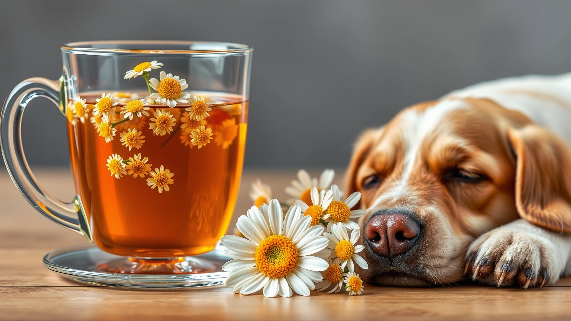 Glass cup of chamomile tea with fresh chamomile flowers beside a calm dog resting its head on its paws nearby
