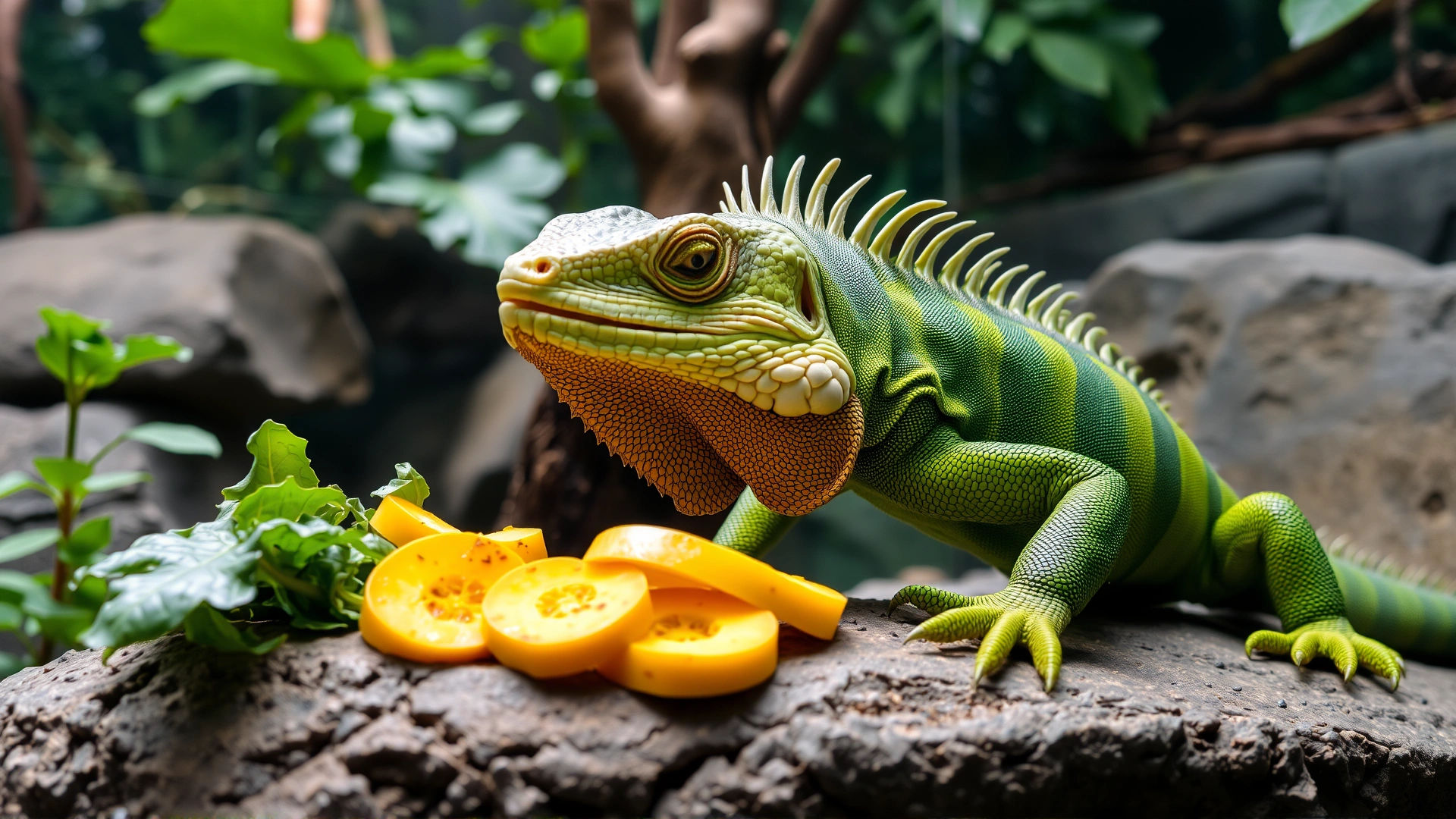 Green iguana biting into fresh collard greens and squash slices placed on a rock slab inside a lush enclosure
