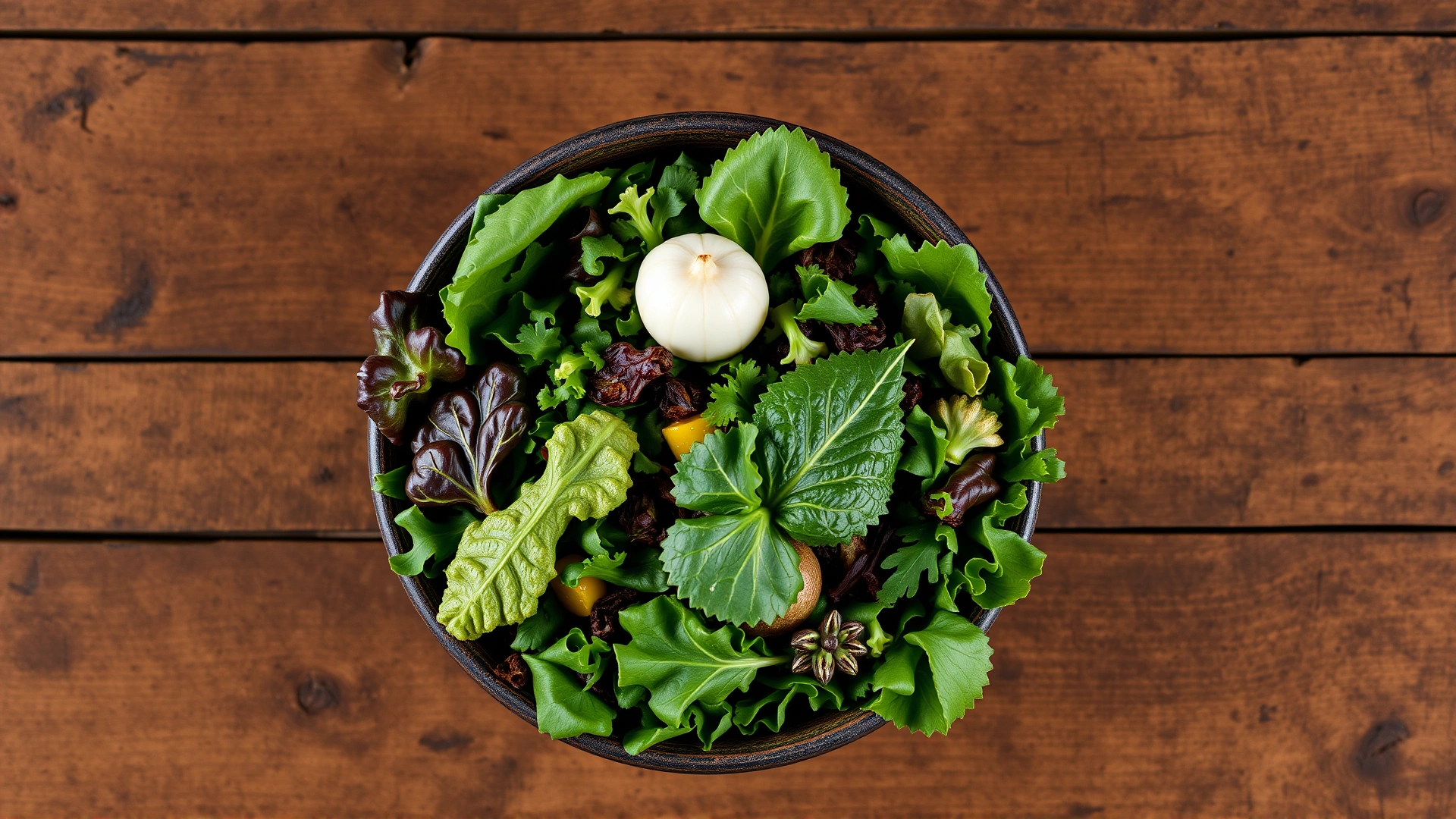 Top-down view of a bowl filled with assorted leafy greens and vegetables suitable for herbivorous reptiles on a rustic wooden surface.