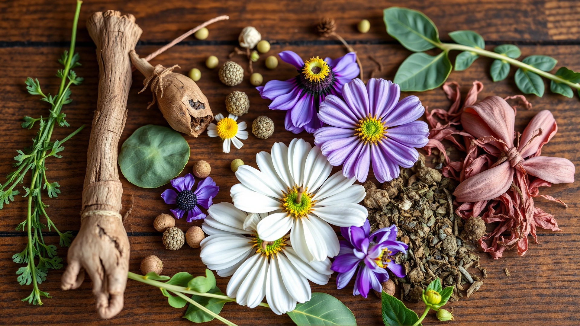 Close-up overhead shot of assorted calming herbs for cats such as valerian root, chamomile, catnip and passionflower laid out on a wooden table