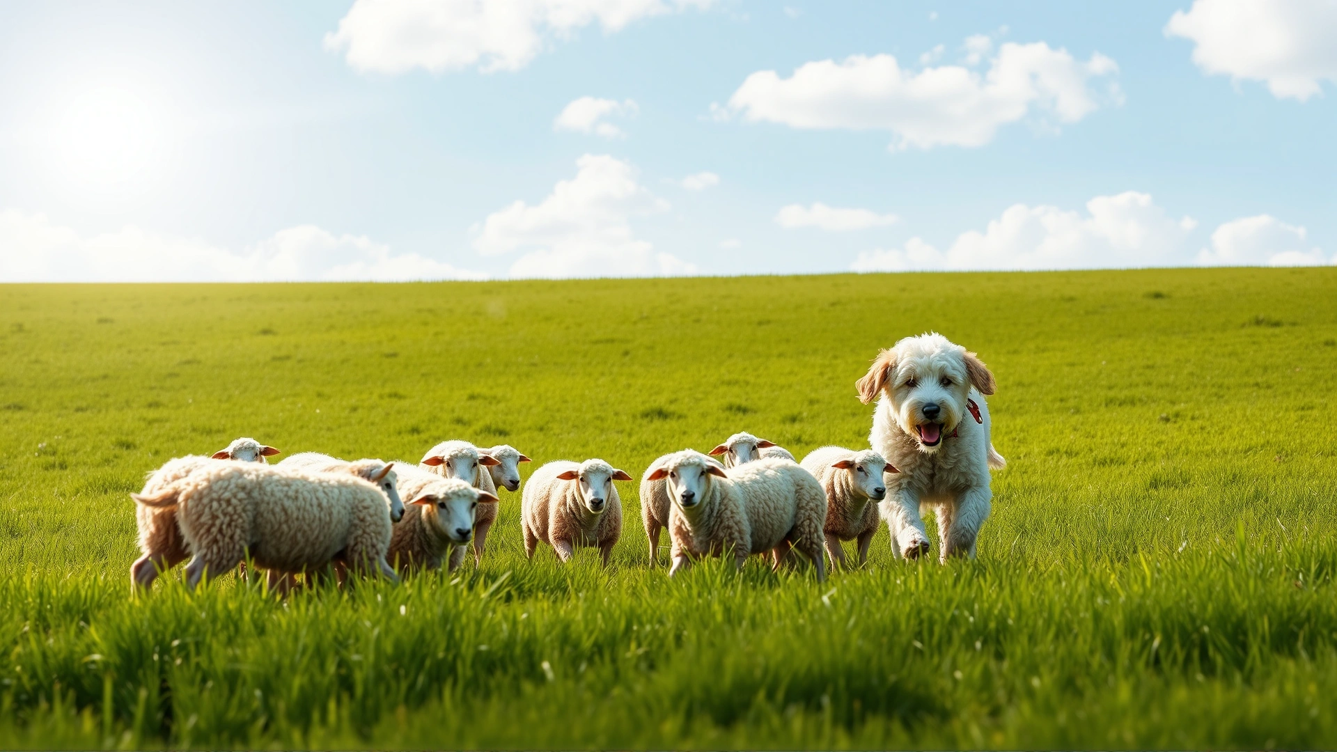 Spanish Water Dog herding a small flock of sheep across a green pasture under a bright sky, capturing the herding instinct.