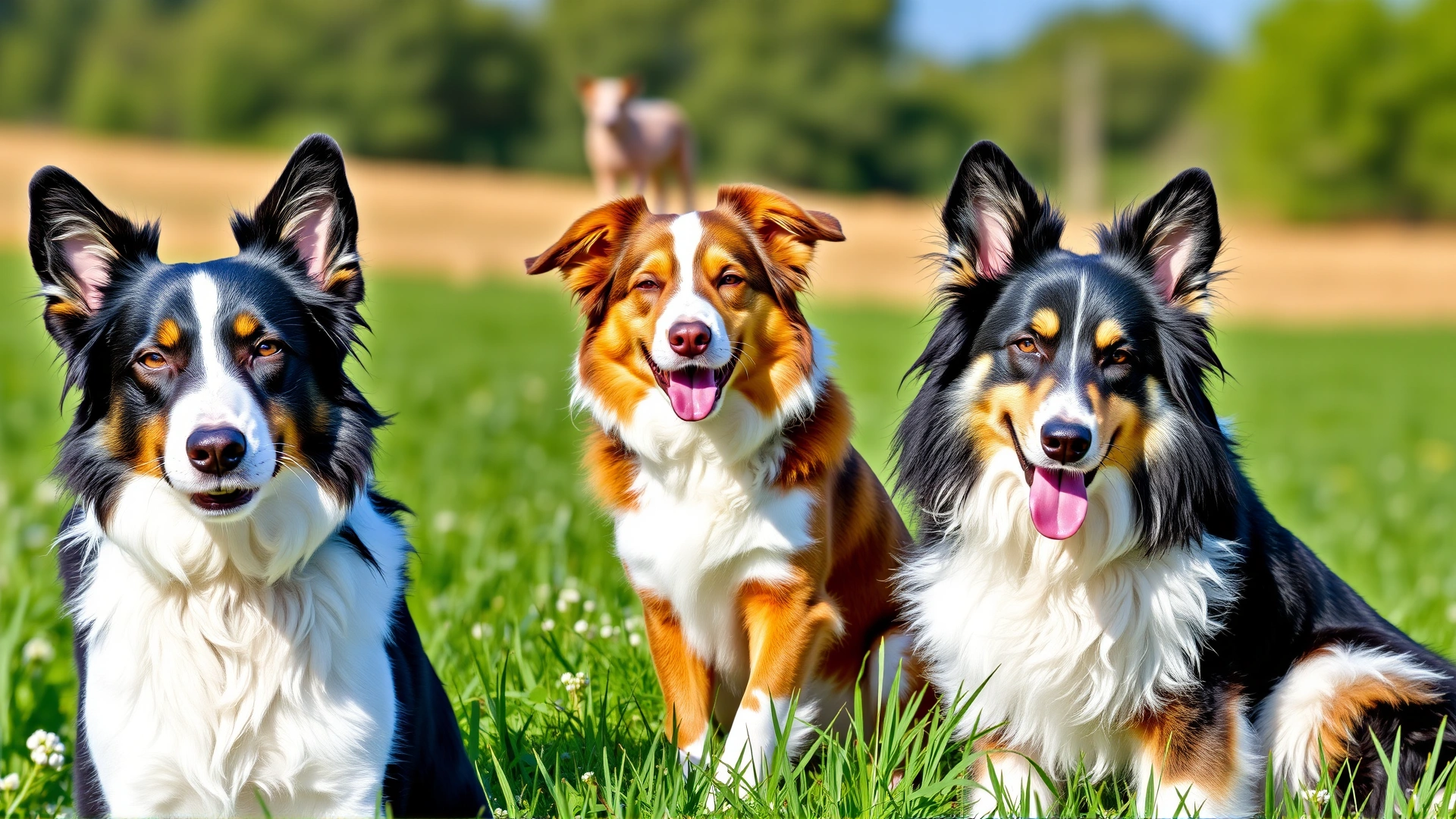 Collage of three popular herding dog breeds (Border Collie, Australian Shepherd, Shetland Sheepdog) sitting together in a green field on a sunny day