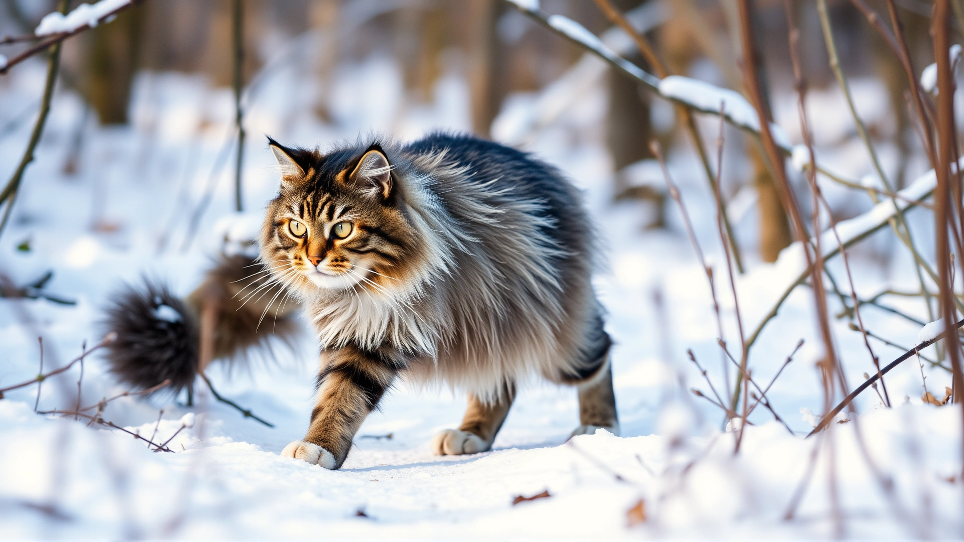 A Maine Coon cat walking through a snowy woodland scene, evoking its cold-weather origins in Maine.