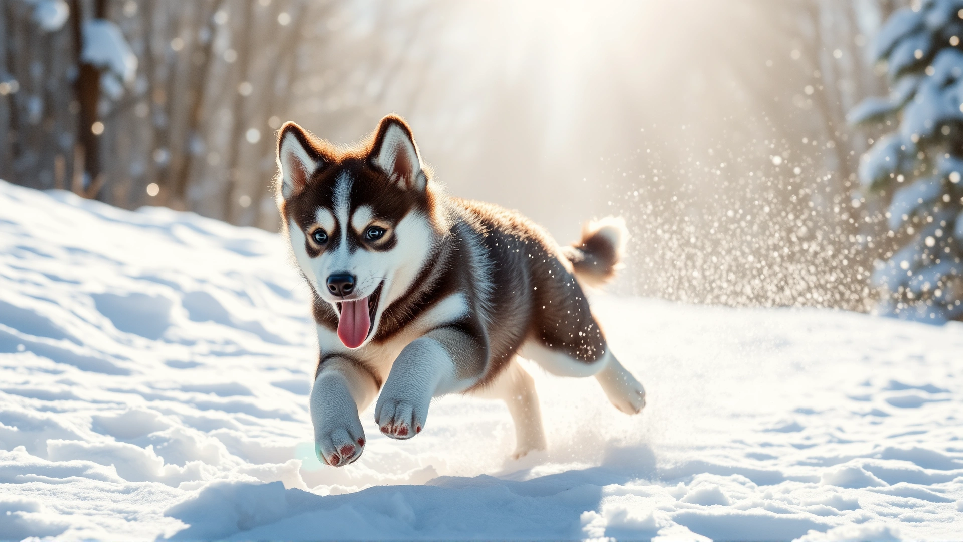 Playful Alaskan Malamute puppy running through fresh powdery snow under bright sunlight; snow flying in the air; cheerful atmosphere.