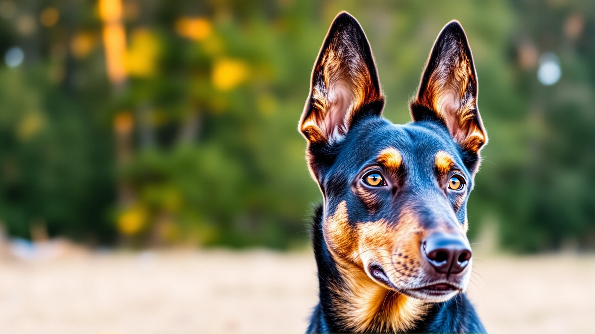 Close-up portrait of an alert Australian Kelpie with amber eyes and erect ears against a blurred eucalyptus forest background, warm morning light highlighting the coat.