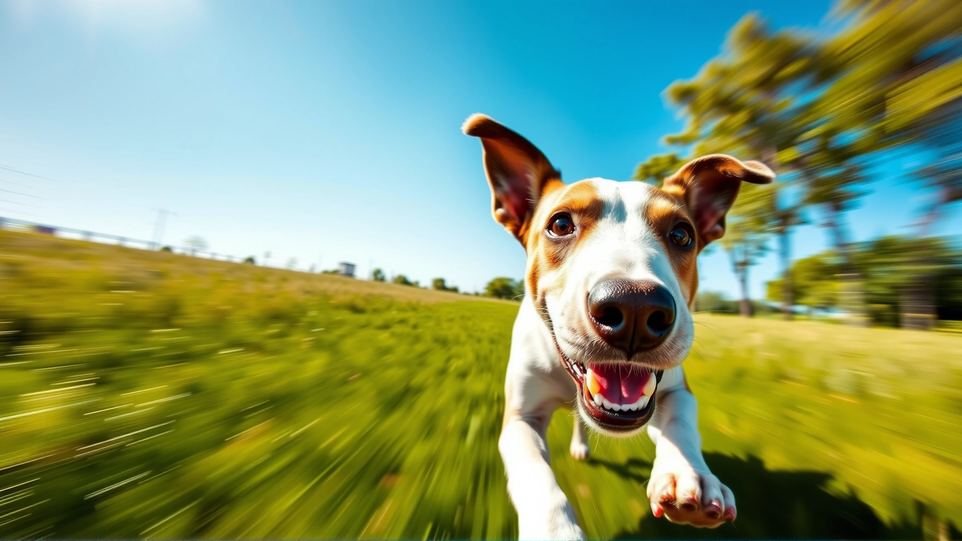 Close-up wide angle shot of a Smooth Fox Terrier running toward the camera across a sunny green field, ears flapping, motion blur in background, vibrant colors