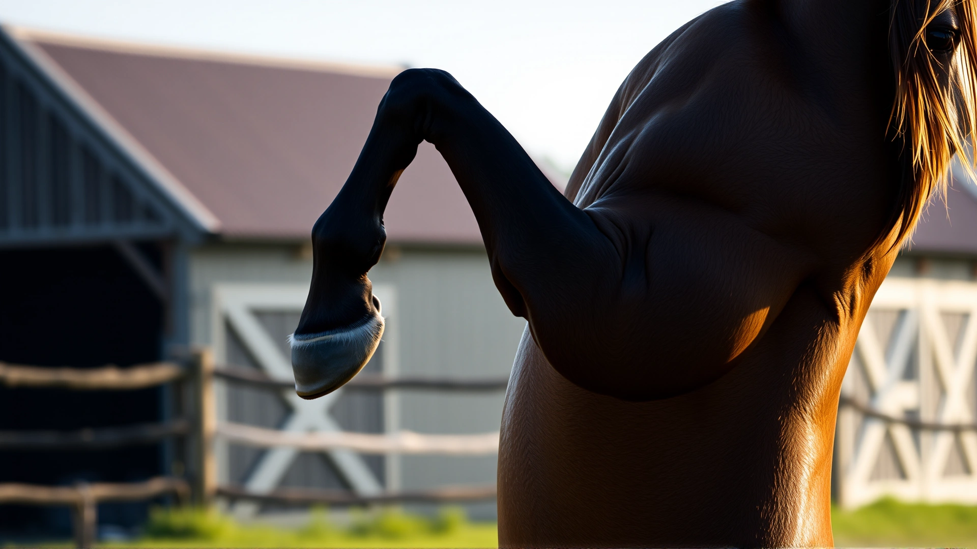 Close-up profile of a rearing horse against a soft-focus farm background, showcasing the height and tension in the front legs, natural lighting