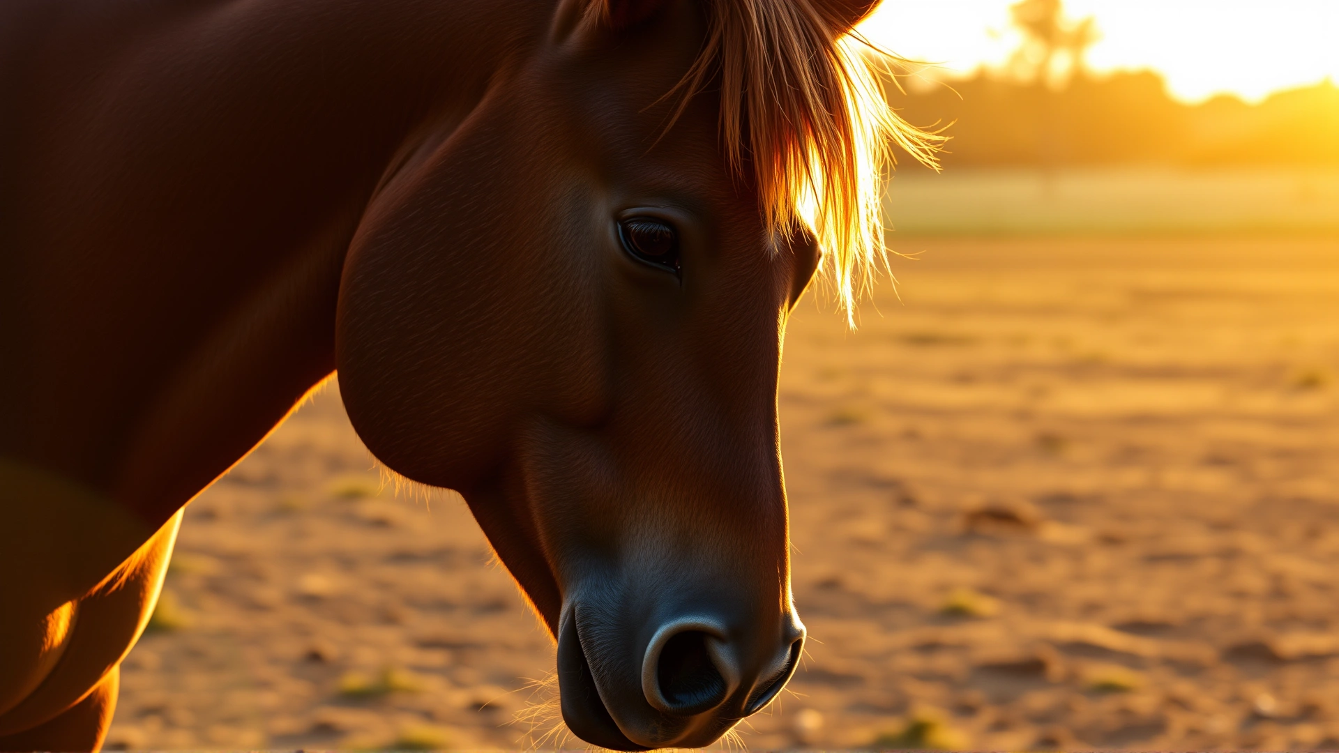 A warm sunrise shot of a calm brown horse nuzzling its owner in an open paddock, symbolizing trust and well-being.
