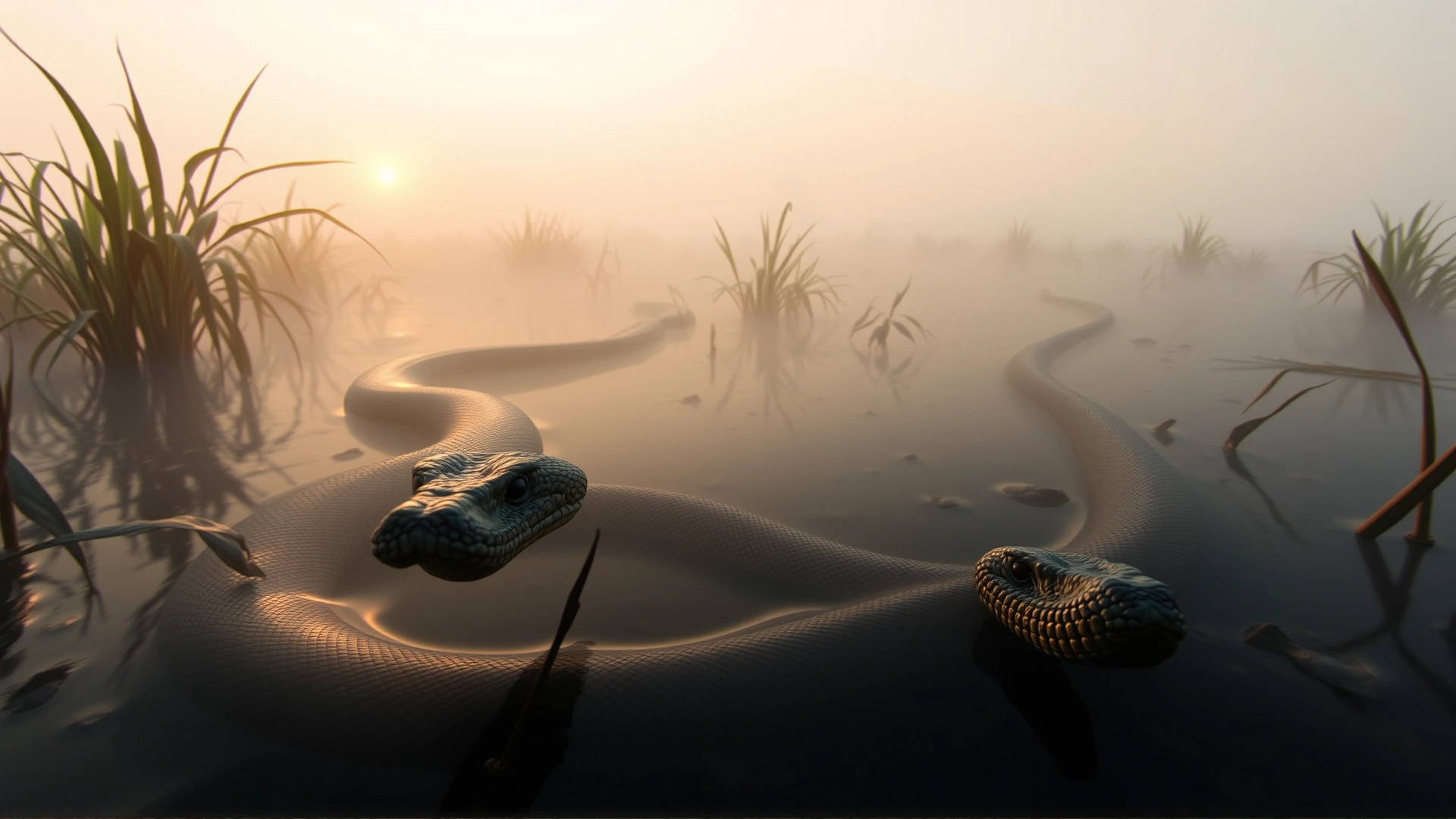 Wide-angle shot of an adult Burmese python slithering through Southeast Asian wetlands at sunrise, soft golden light illuminating the mist.