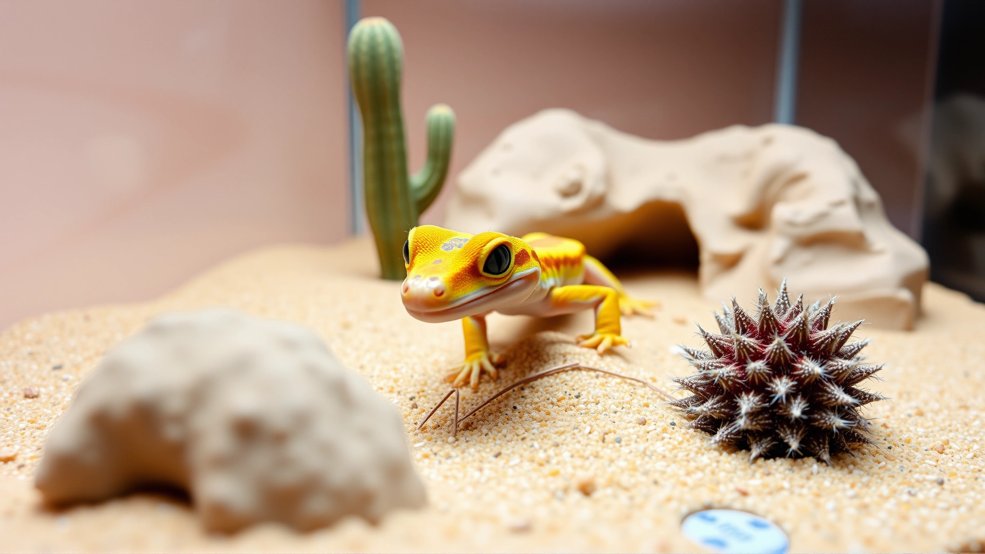 Wide-angle shot of a vibrant baby gecko exploring a miniature desert-themed terrarium with soft sand-colored backdrop, giving a welcoming first impression.