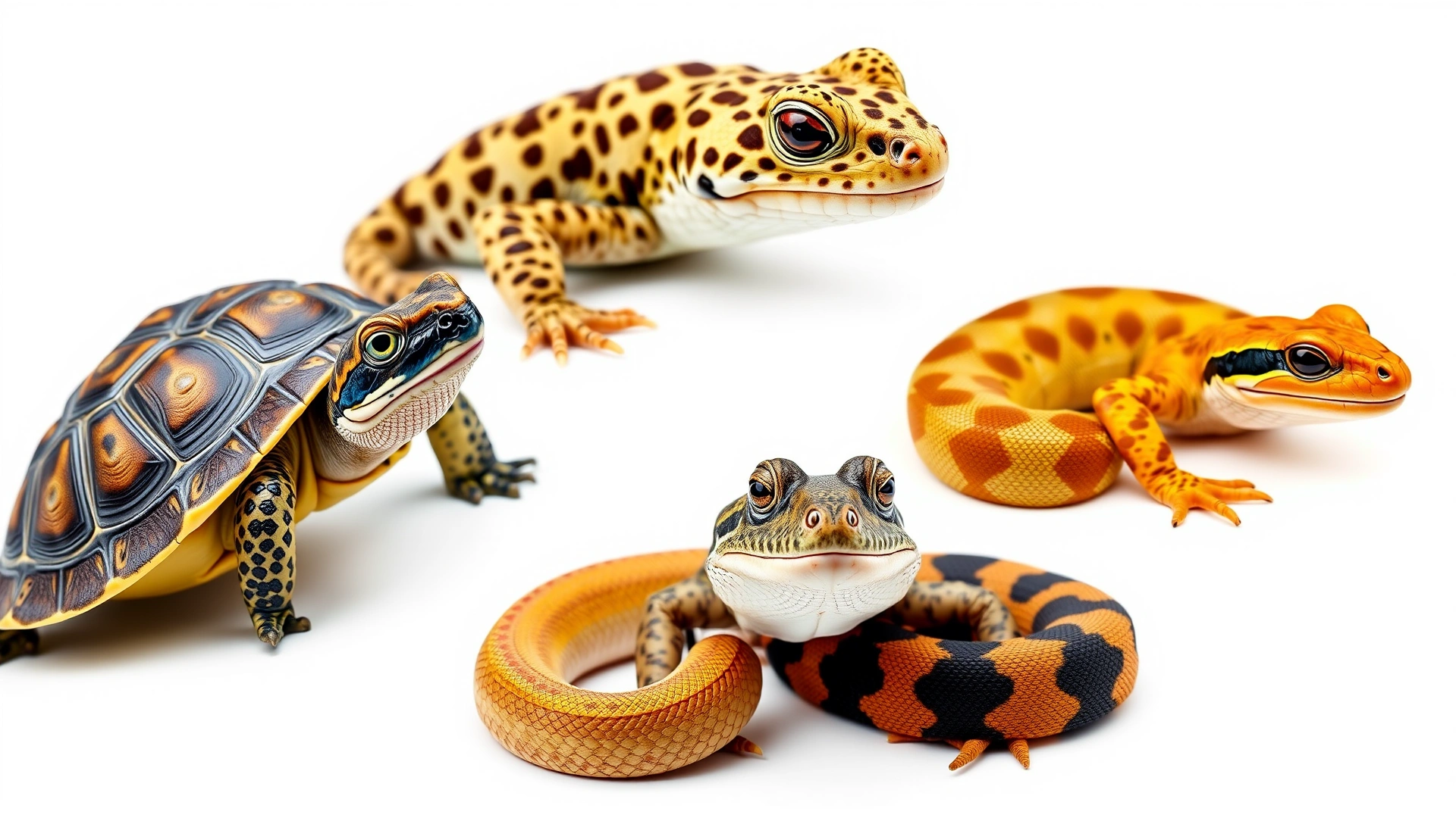 A wide collage-style banner featuring a turtle, leopard gecko, bearded dragon, pacman frog, and corn snake arranged side by side on a clean white background with vibrant colors; no text