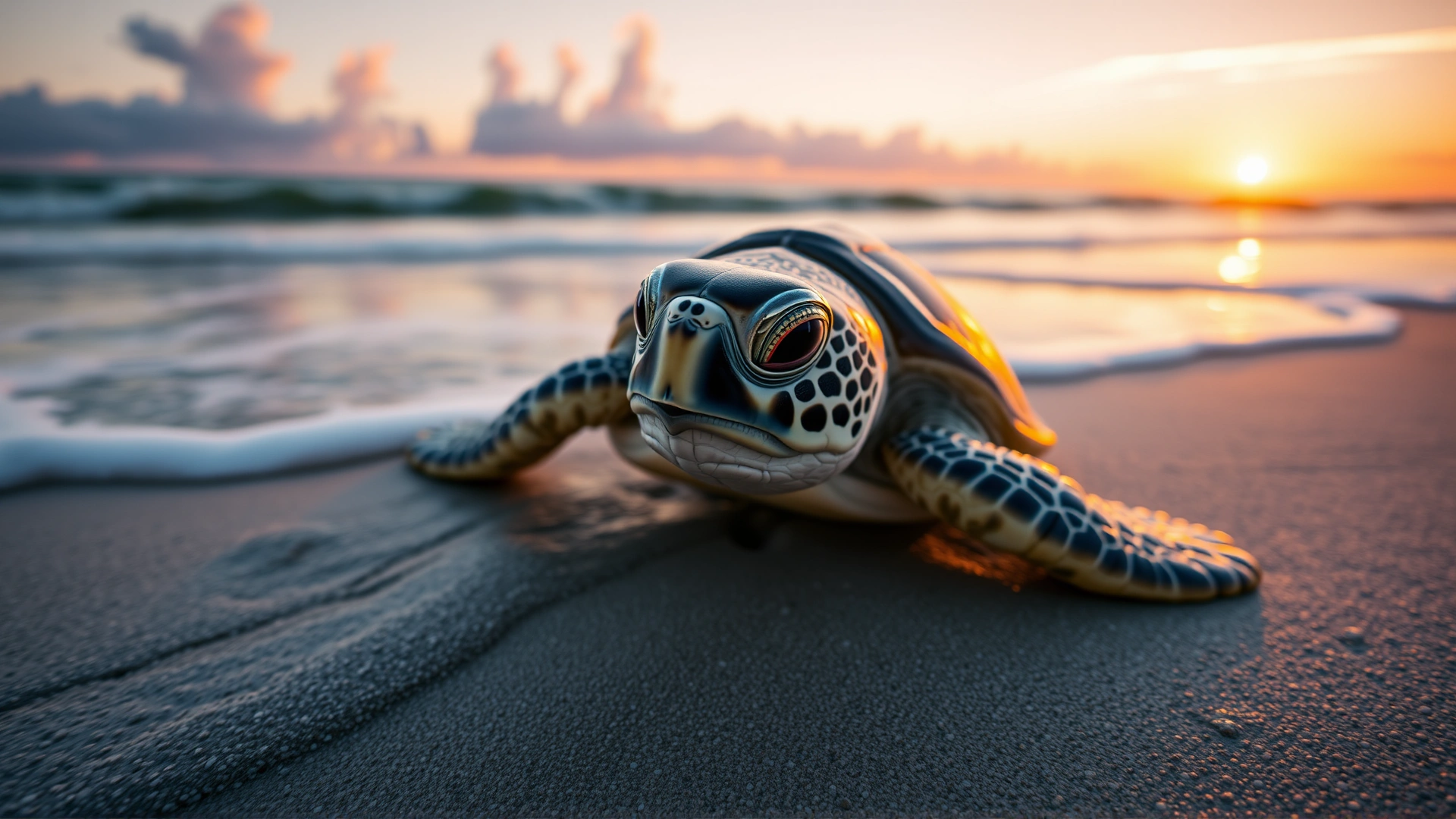 Close-up of a sea turtle on the shoreline at sunrise, gentle waves in the background, vibrant colors, high-resolution, no text