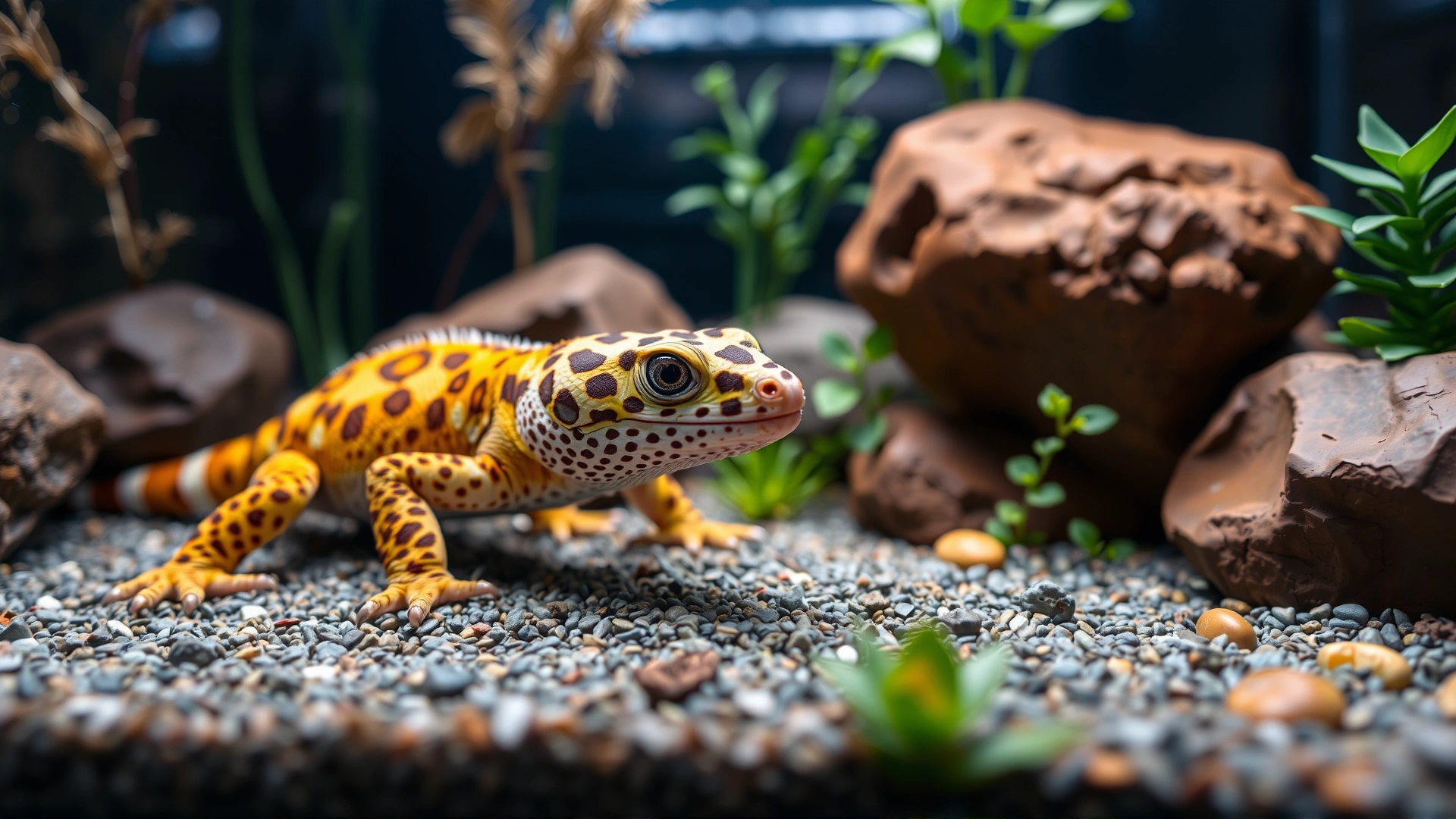 Wide-angle shot of a colorful pet lizard (such as a leopard gecko) in a well-decorated terrarium with plants and rocks, inviting atmosphere