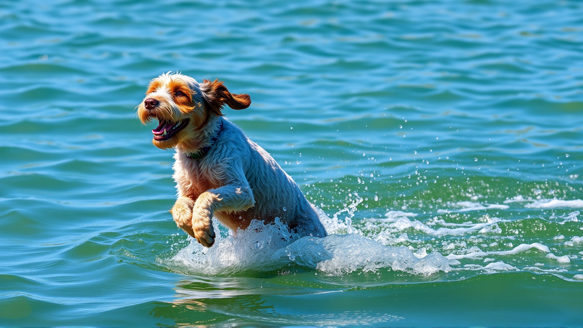 Action shot of a Spanish Water Dog mid-leap into clear blue water on a sunny day, water droplets frozen in the air. High shutter speed, vibrant colors.