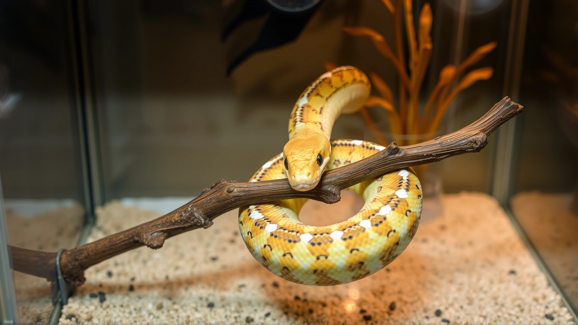 Friendly corn snake calmly coiled around a branch inside a clean terrarium, with warm lighting creating a welcoming atmosphere.