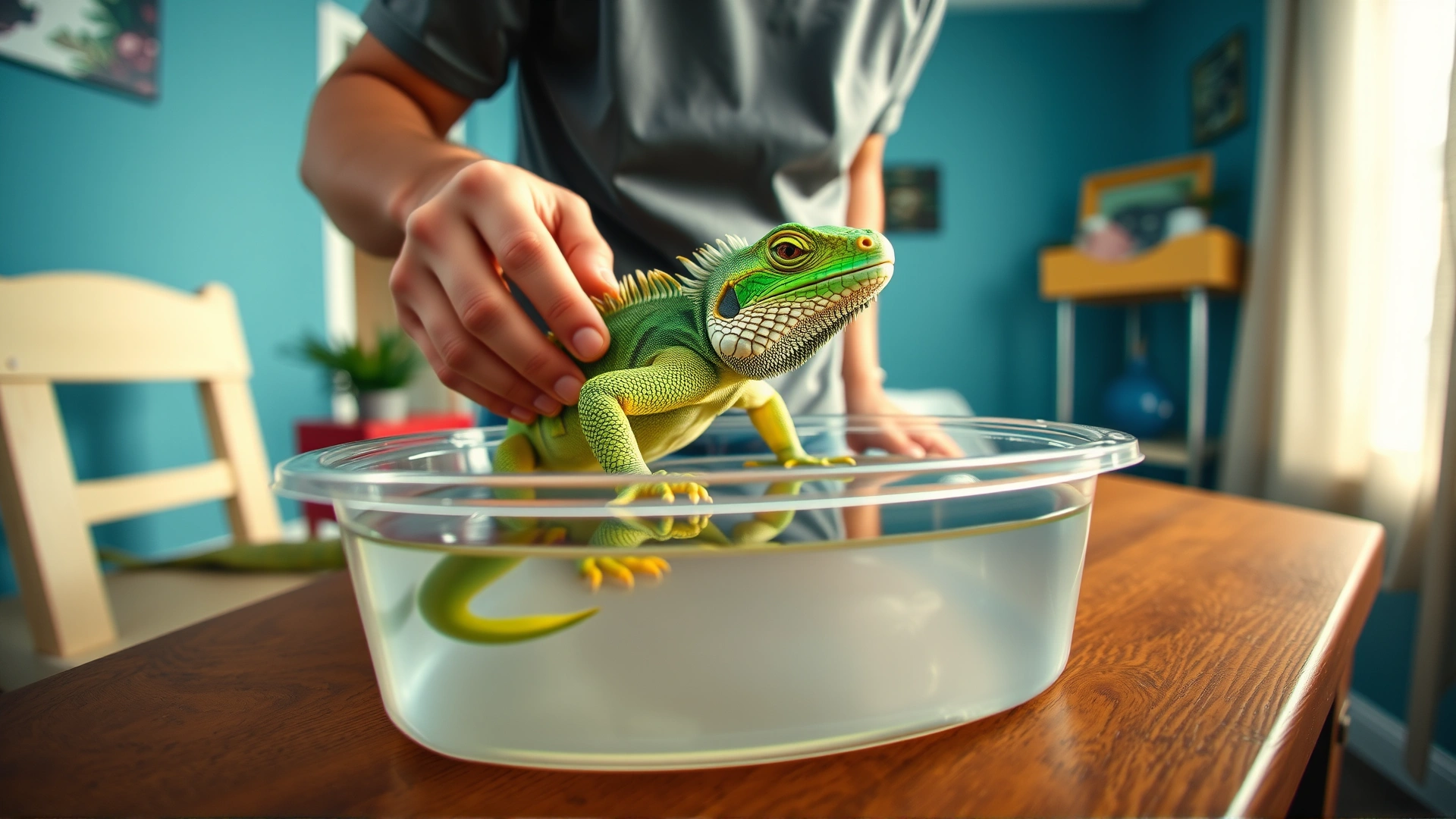 Wide-angle photo of a reptile owner gently lowering a green iguana into a clear plastic tub filled with warm water on a wooden table, bright indoor lighting, focus on calm interaction, high resolution
