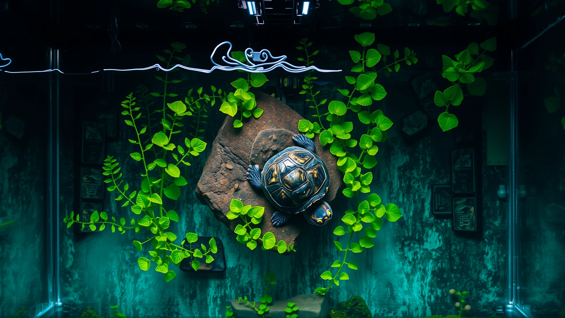 Top-down view of a clean turtle aquarium with vibrant green plants and a turtle basking on a rock under a UV lamp, bright and inviting.