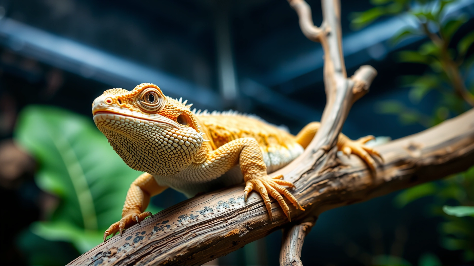 A brightly lit close-up of an overweight bearded dragon resting on a tree branch, showing visible fat pads, in a terrarium background