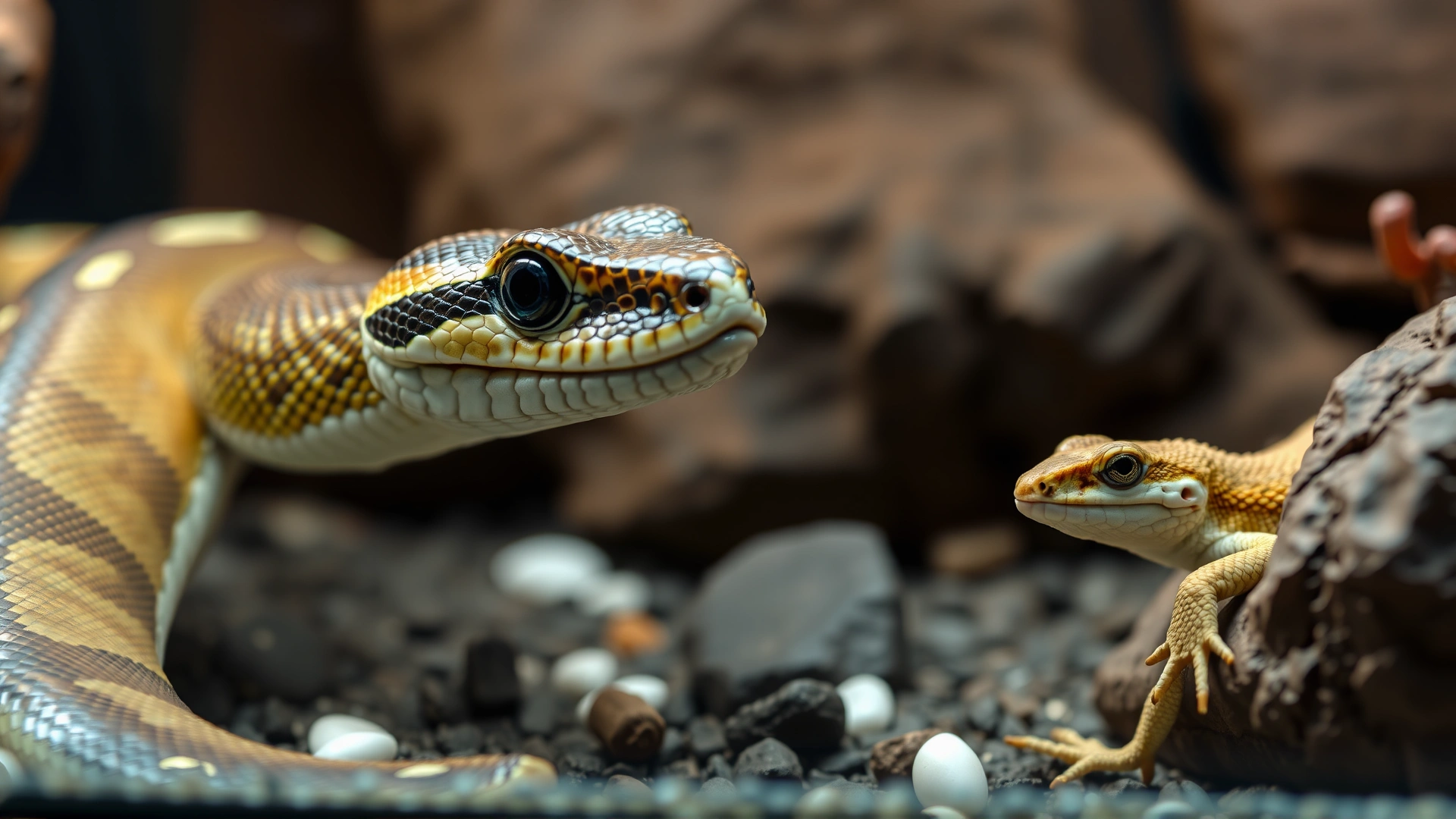 High-resolution image of a snake and a gecko in a terrarium setting with subtle lighting, both looking alert, symbolizing general reptile health.