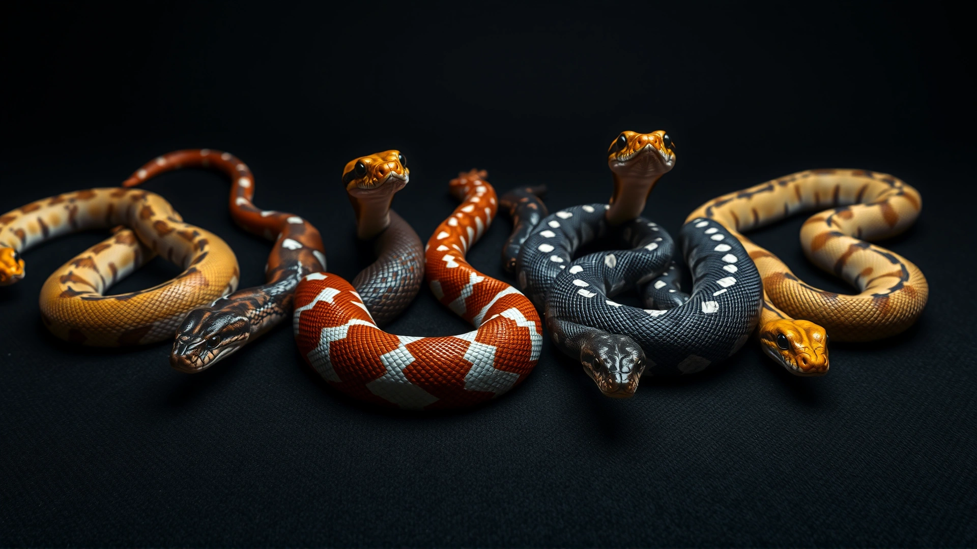 Wide-angle shot of several snake species of varying colors and sizes arranged on a dark textured background, soft studio lighting highlighting diversity in appearance.