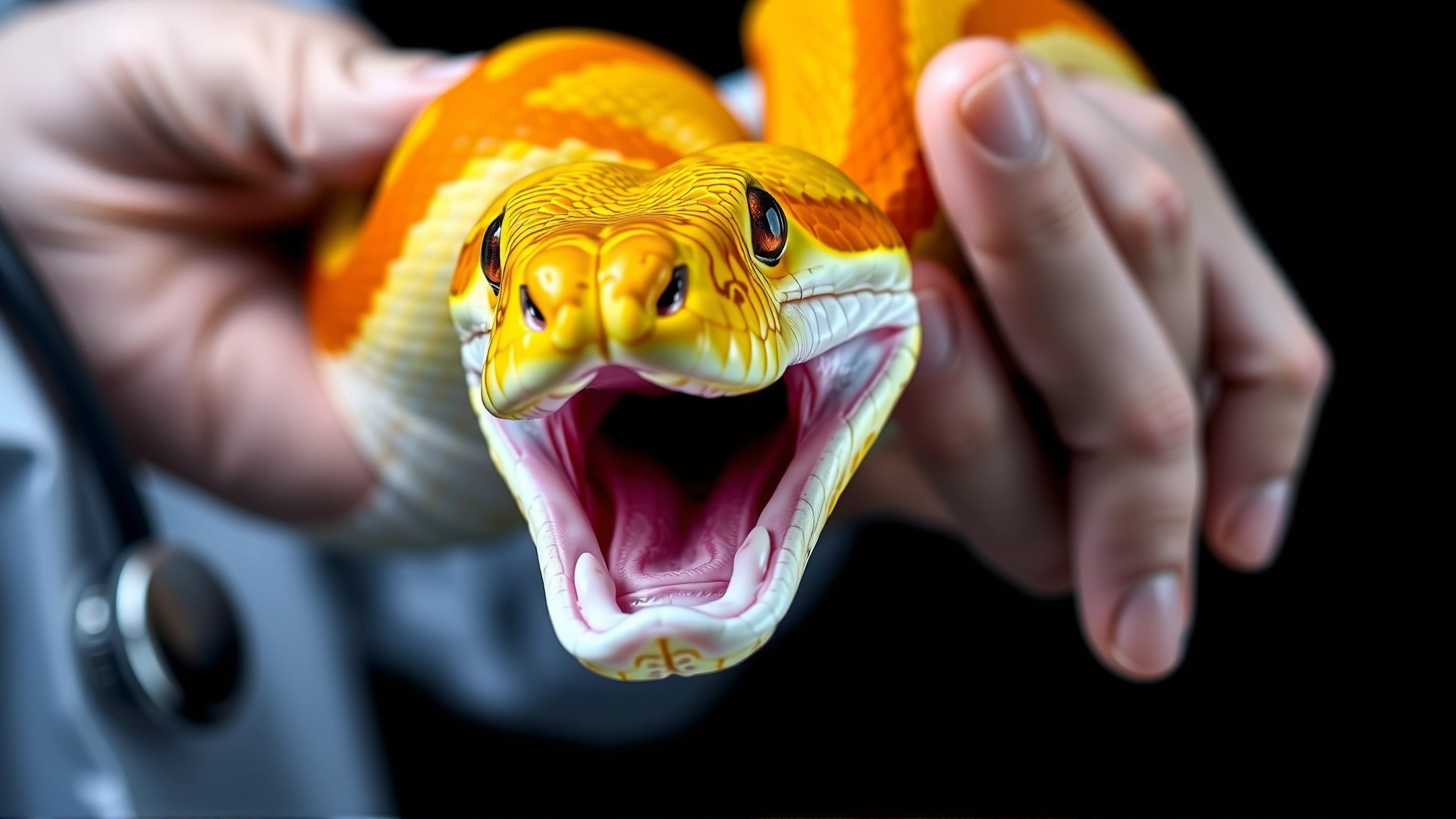 High-resolution image of a veterinarian gently handling a brightly colored snake, focusing on the head and open mouth to illustrate respiratory parasites; studio lighting, dark background.